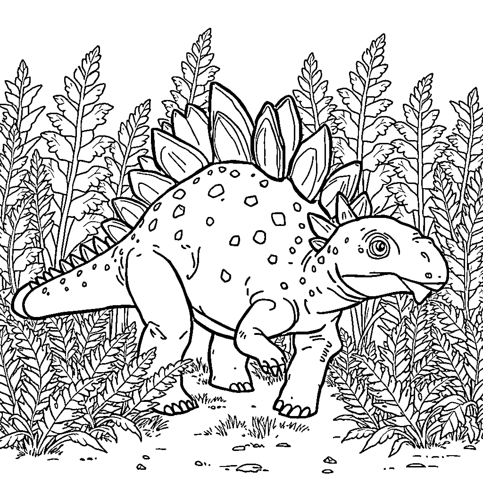 Stegosaurus exploring the prehistoric forest Coloring Page (free black-and-white line drawing printable PDF for all, from beginners to advanced learners, including children, teens, adults, and seniors)
