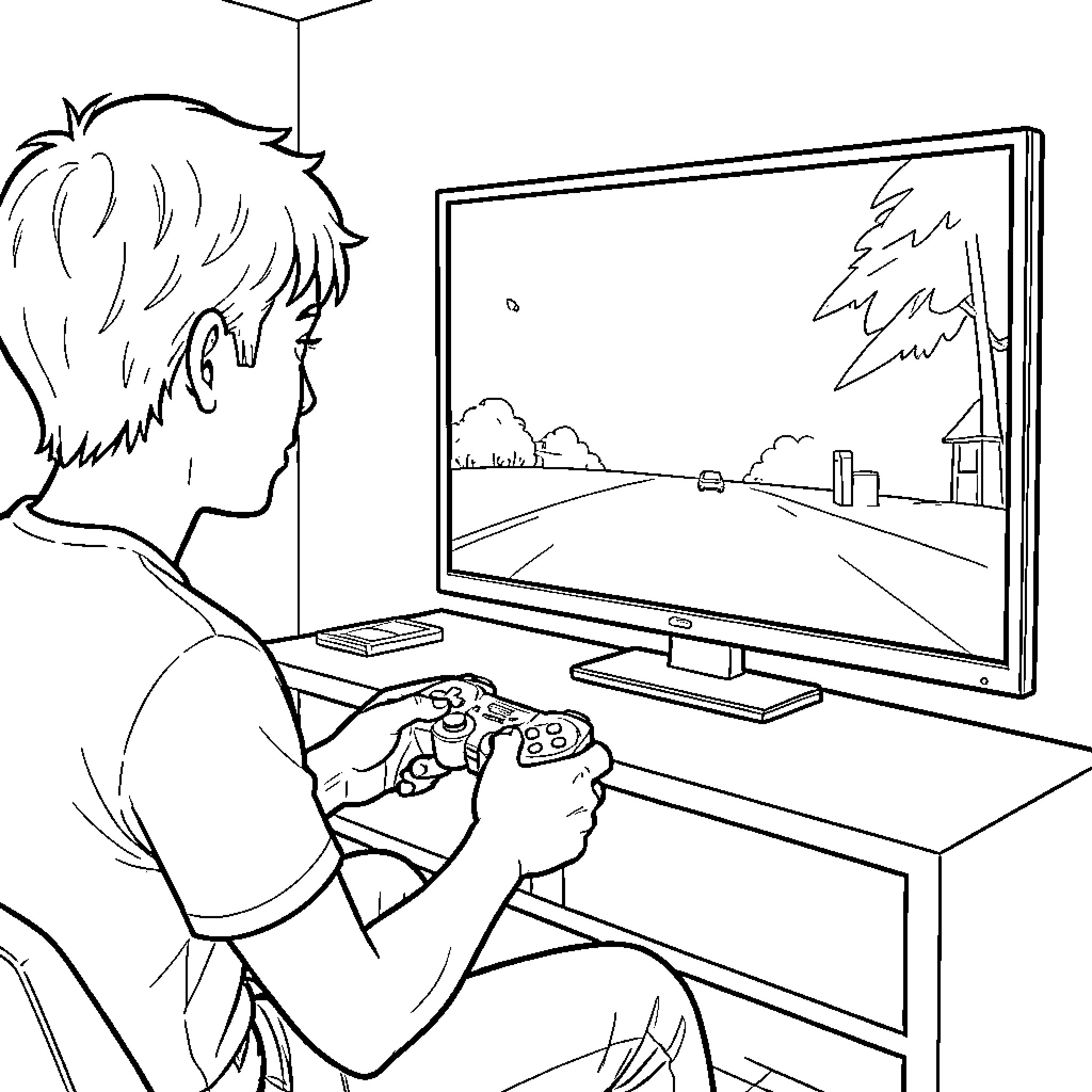 PlayStation boy playing a racing game on television Coloring Page (free black-and-white line drawing printable PDF for all, from beginners to advanced learners, including children, teens, adults, and seniors)