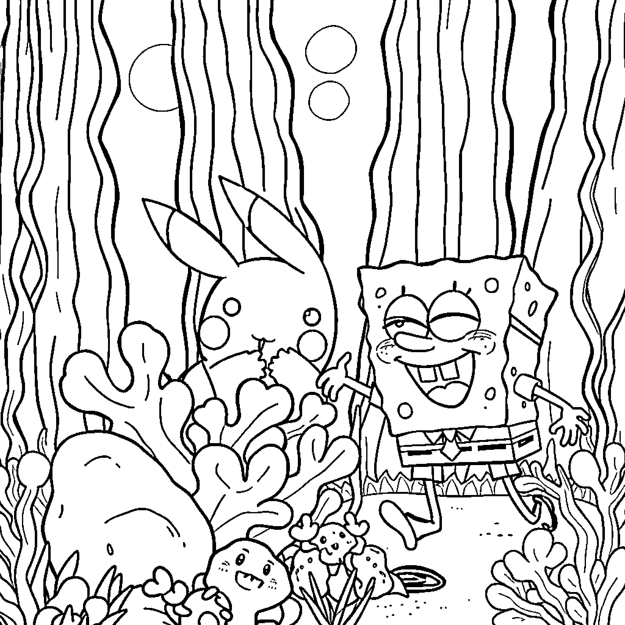 Pikachu and Friends in the Underwater World Coloring Page (free black-and-white line drawing printable PDF for all, from beginners to advanced learners, including children, teens, adults, and seniors)