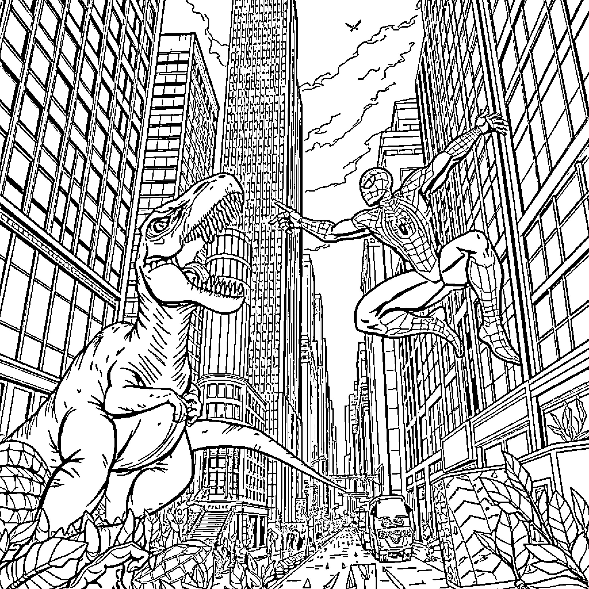 Dinosaur Encounter in the Bustling City Coloring Page (free black-and-white line drawing printable PDF for all, from beginners to advanced learners, including children, teens, adults, and seniors)