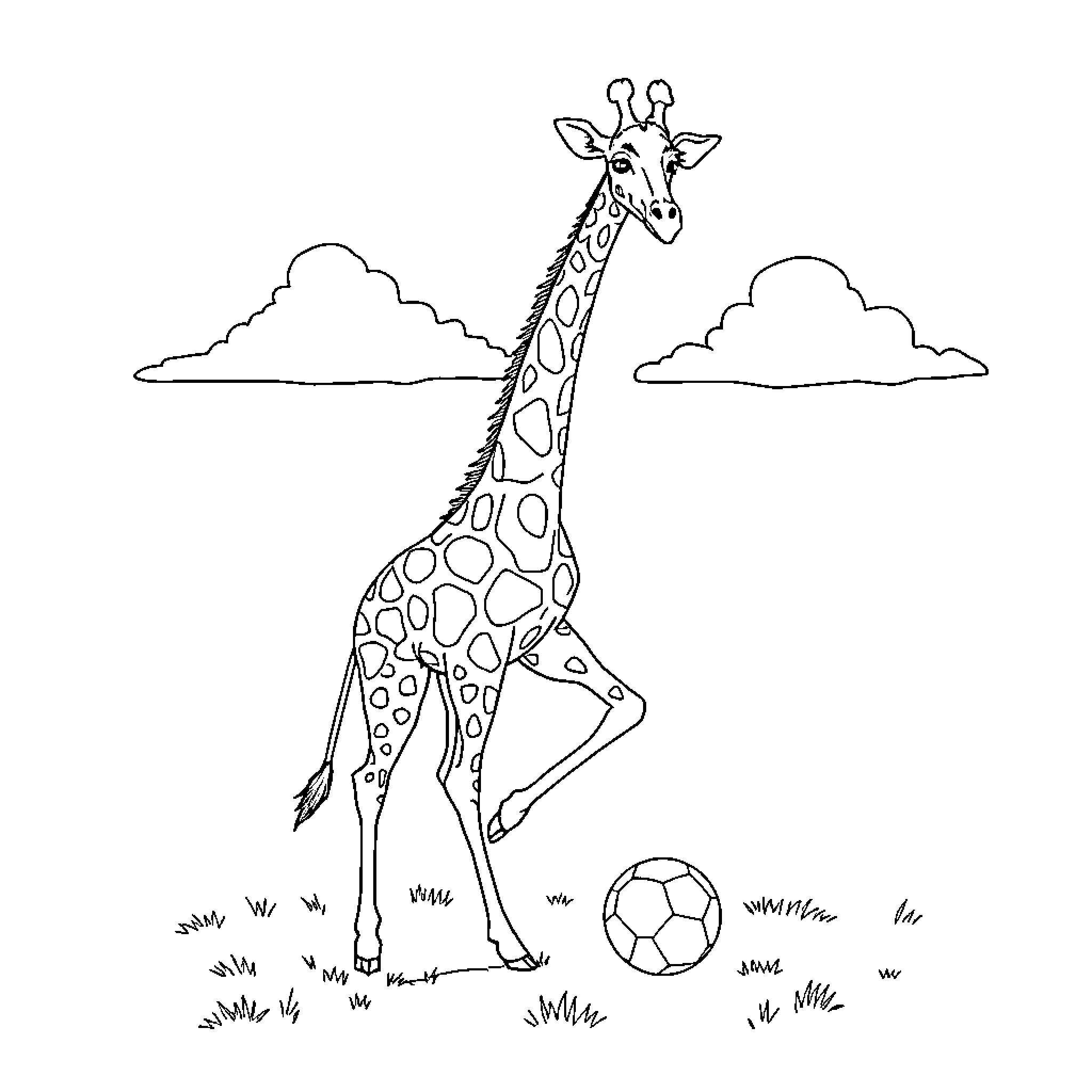 Giraffe playing with a soccer ball Coloring Page (free black-and-white line drawing printable PDF for all, from beginners to advanced learners, including children, teens, adults, and seniors)
