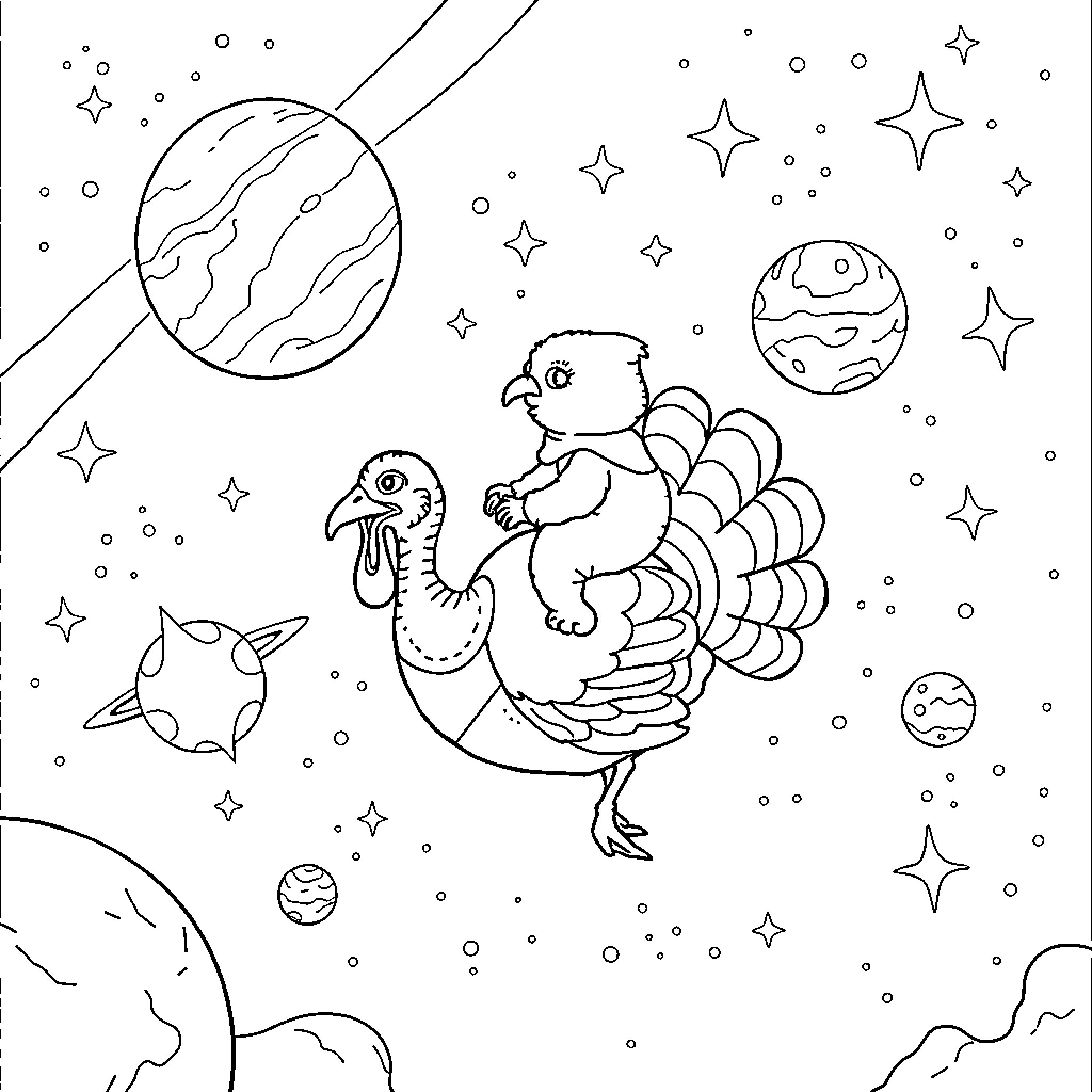 Labubu's Cosmic Exploration Coloring Page (free black-and-white line drawing printable PDF for all, from beginners to advanced learners, including children, teens, adults, and seniors)