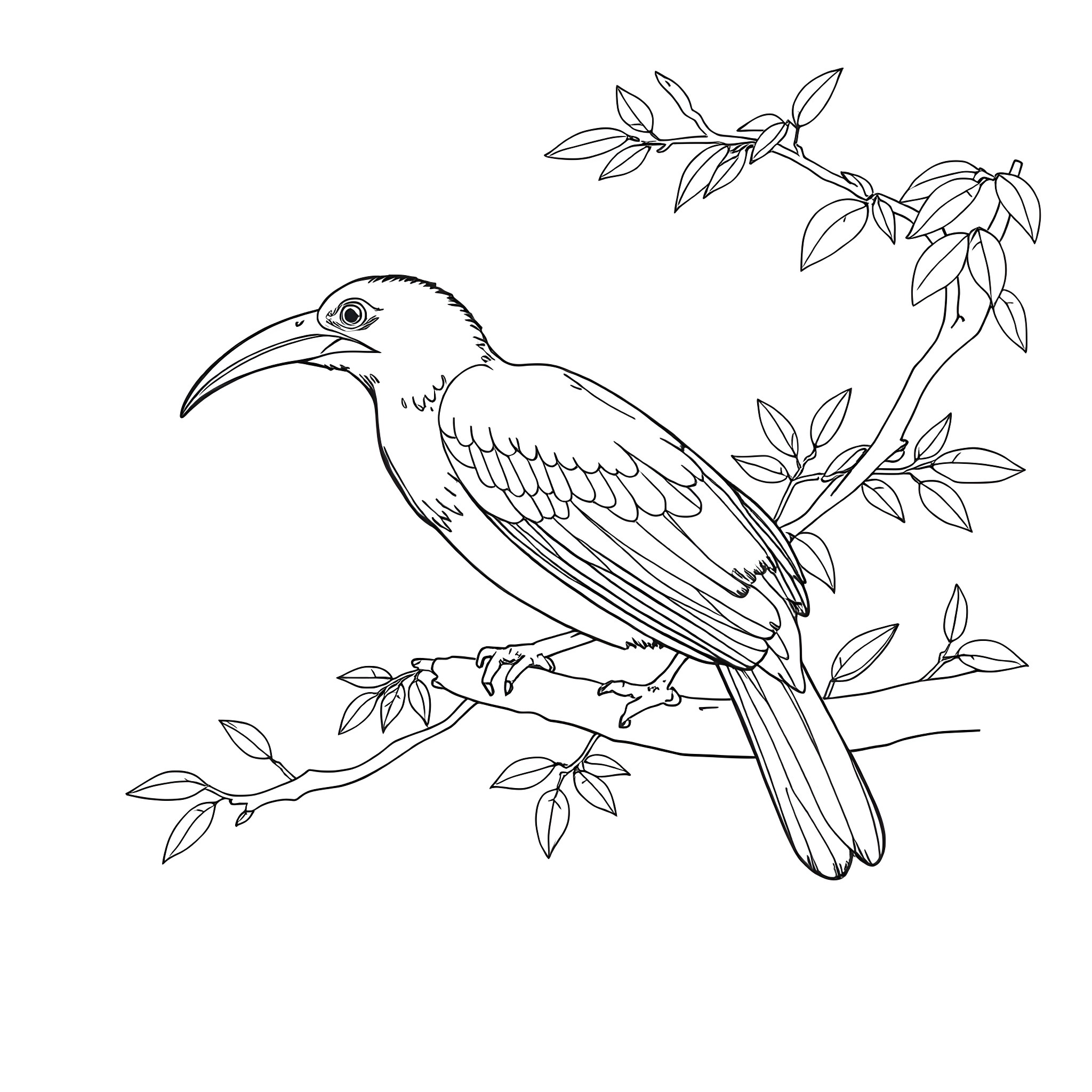 Aulacorhynchus Prasinus perched on a branch Coloring Page (free black-and-white line drawing printable PDF for all, from beginners to advanced learners, including children, teens, adults, and seniors)