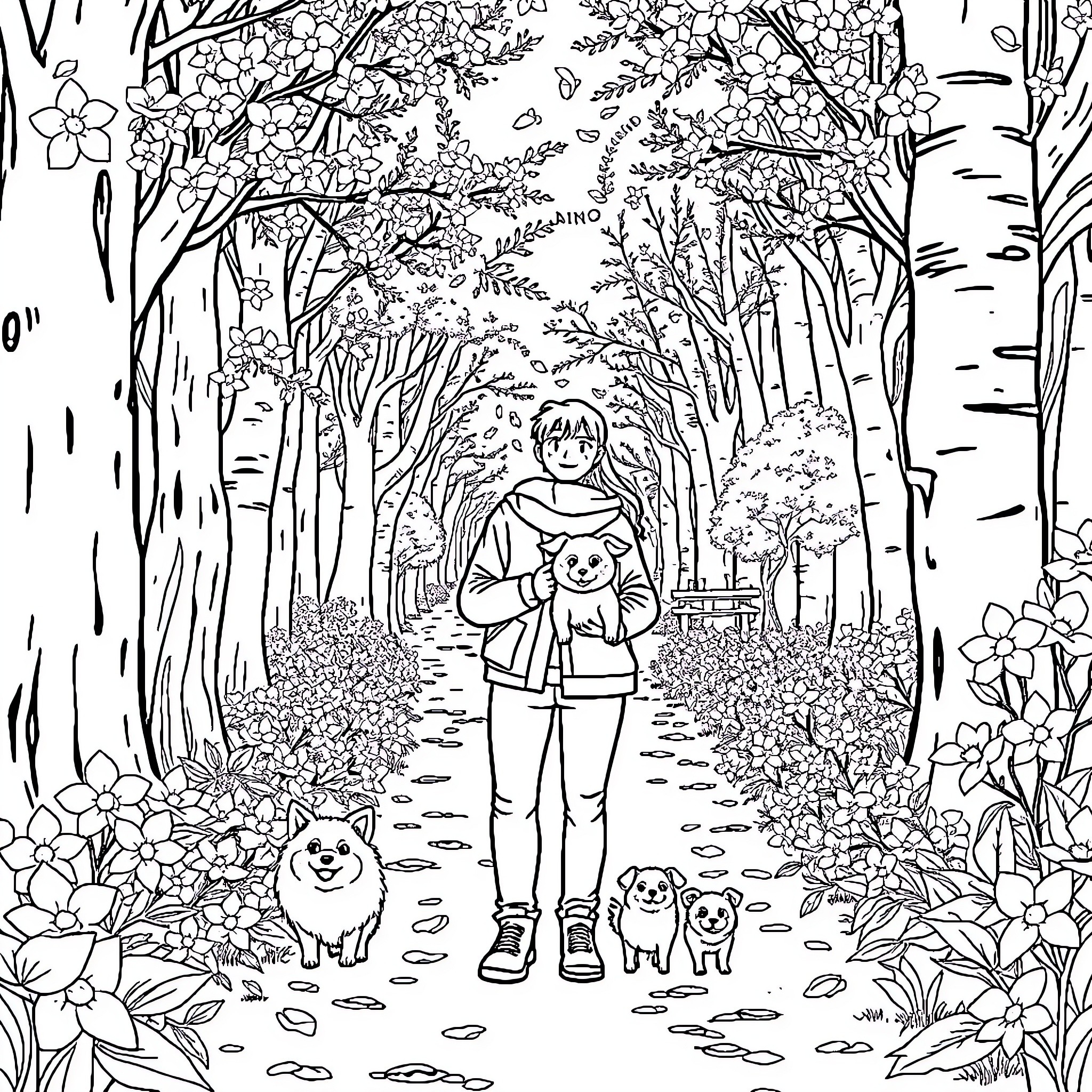 Pareja disfrutando de una caminata relajante por el bosque con sus mascotas Coloring Page (free black-and-white line drawing printable PDF for all, from beginners to advanced learners, including children, teens, adults, and seniors)