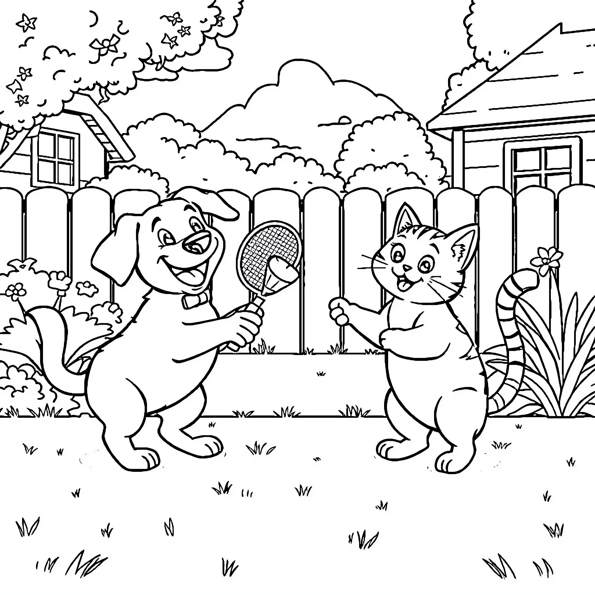 Dog and cat playing together in backyard Coloring Page (free black-and-white line drawing printable PDF for all, from beginners to advanced learners, including children, teens, adults, and seniors)