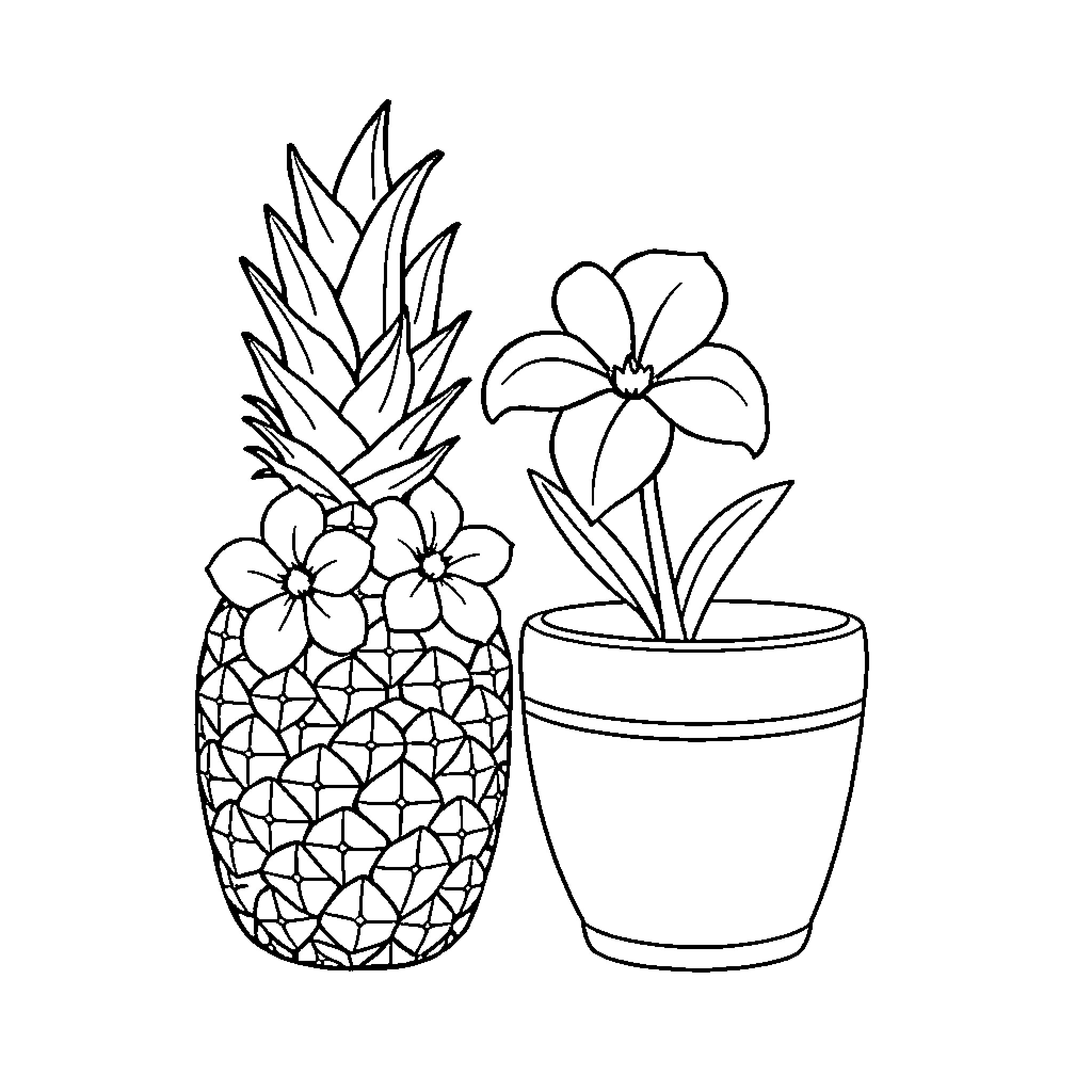 Pineapple and Floral Potted Plant Coloring Page (free black-and-white line drawing printable PDF for all, from beginners to advanced learners, including children, teens, adults, and seniors)