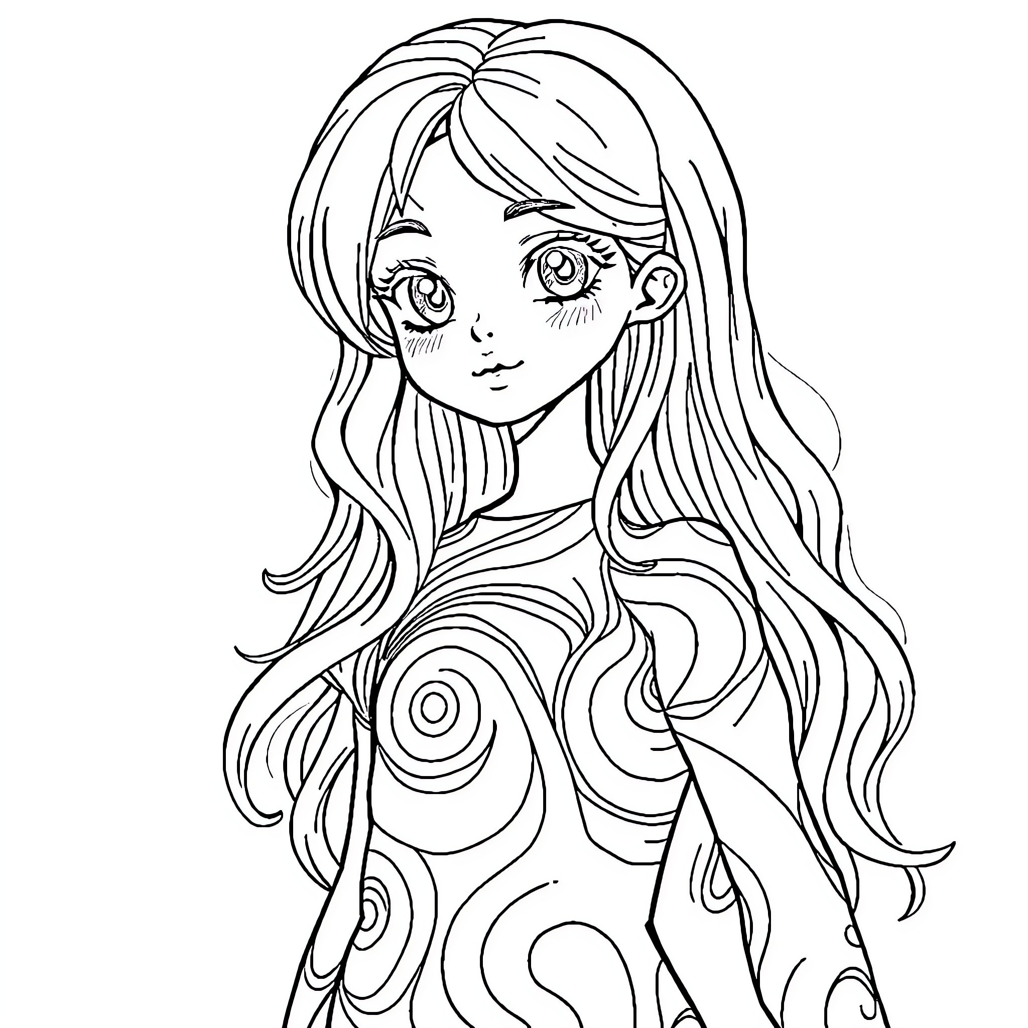 Girl with expressive features and flowing hair Coloring Page (free black-and-white line drawing printable PDF for all, from beginners to advanced learners, including children, teens, adults, and seniors)