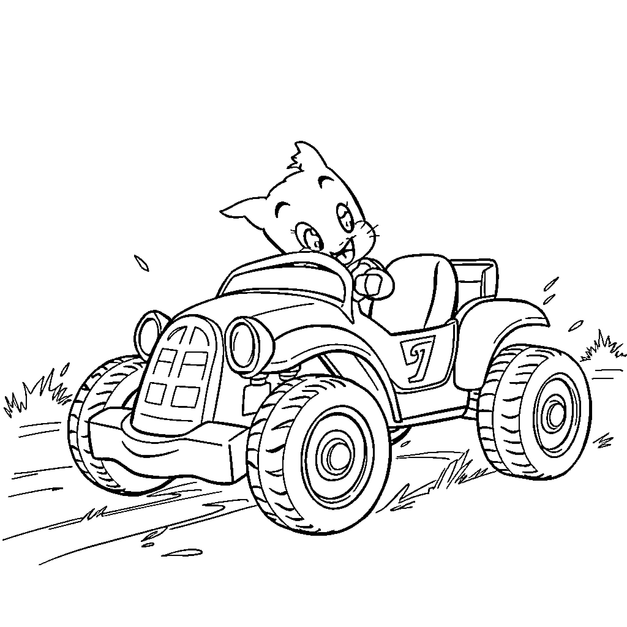 Bluey driving a fun vehicle through the countryside Coloring Page (free black-and-white line drawing printable PDF for all, from beginners to advanced learners, including children, teens, adults, and seniors)