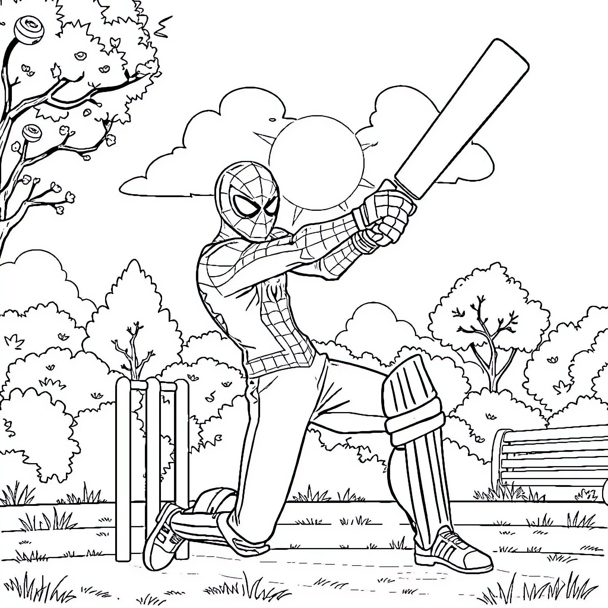 Spiderman playing cricket in the park Coloring Page (free black-and-white line drawing printable PDF for all, from beginners to advanced learners, including children, teens, adults, and seniors)