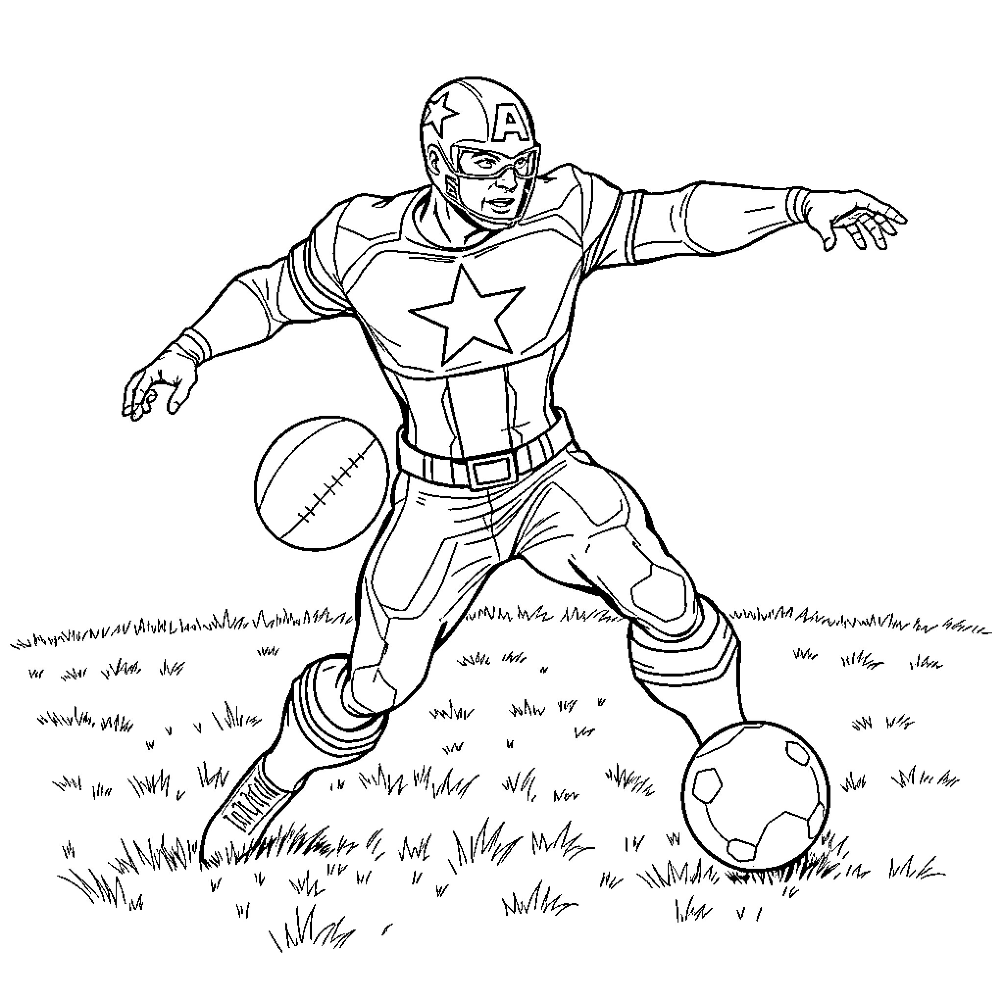 Captain America playing soccer in the field Coloring Page (free black-and-white line drawing printable PDF for all, from beginners to advanced learners, including children, teens, adults, and seniors)