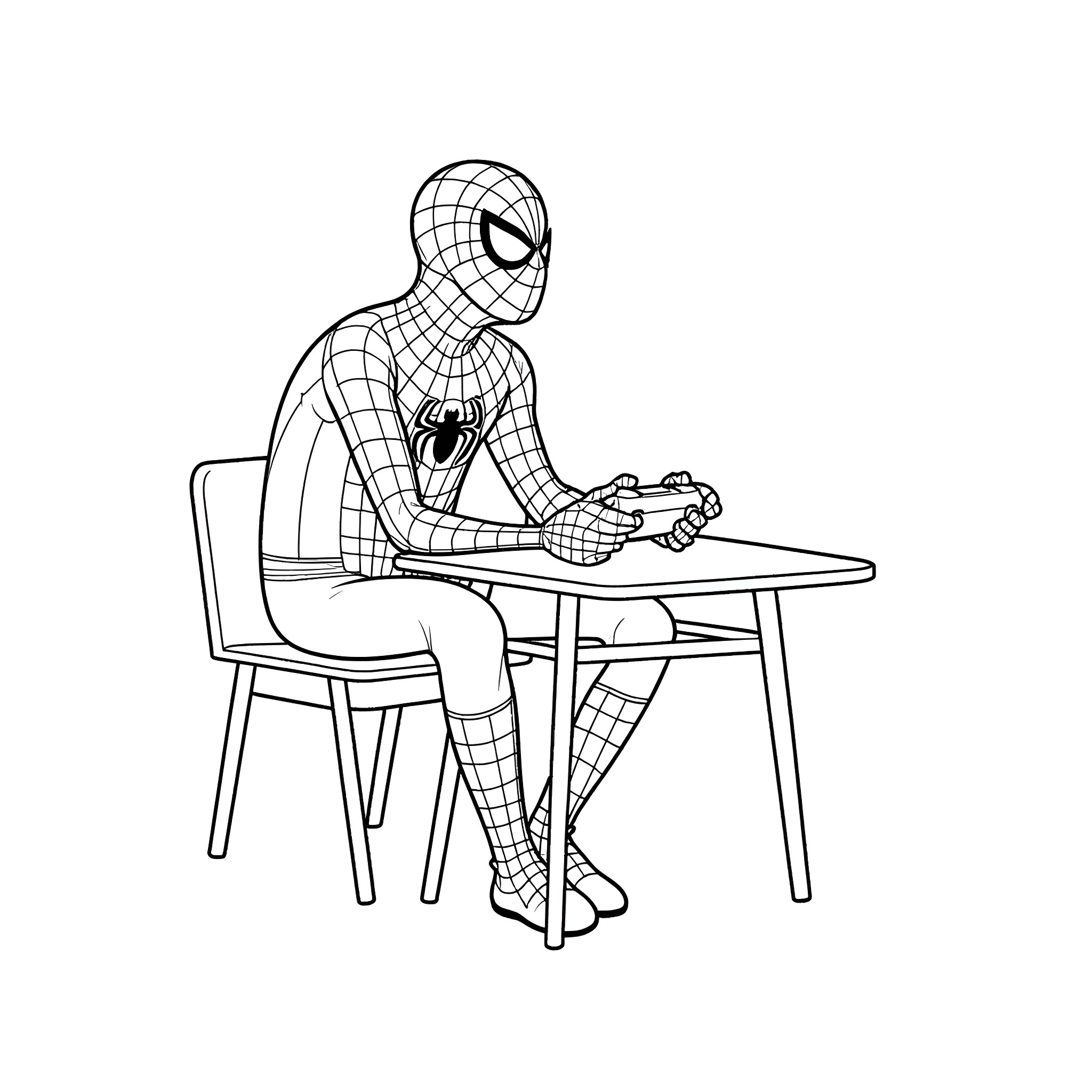 Spiderman studying diligently at his desk Coloring Page (free black-and-white line drawing printable PDF for all, from beginners to advanced learners, including children, teens, adults, and seniors)