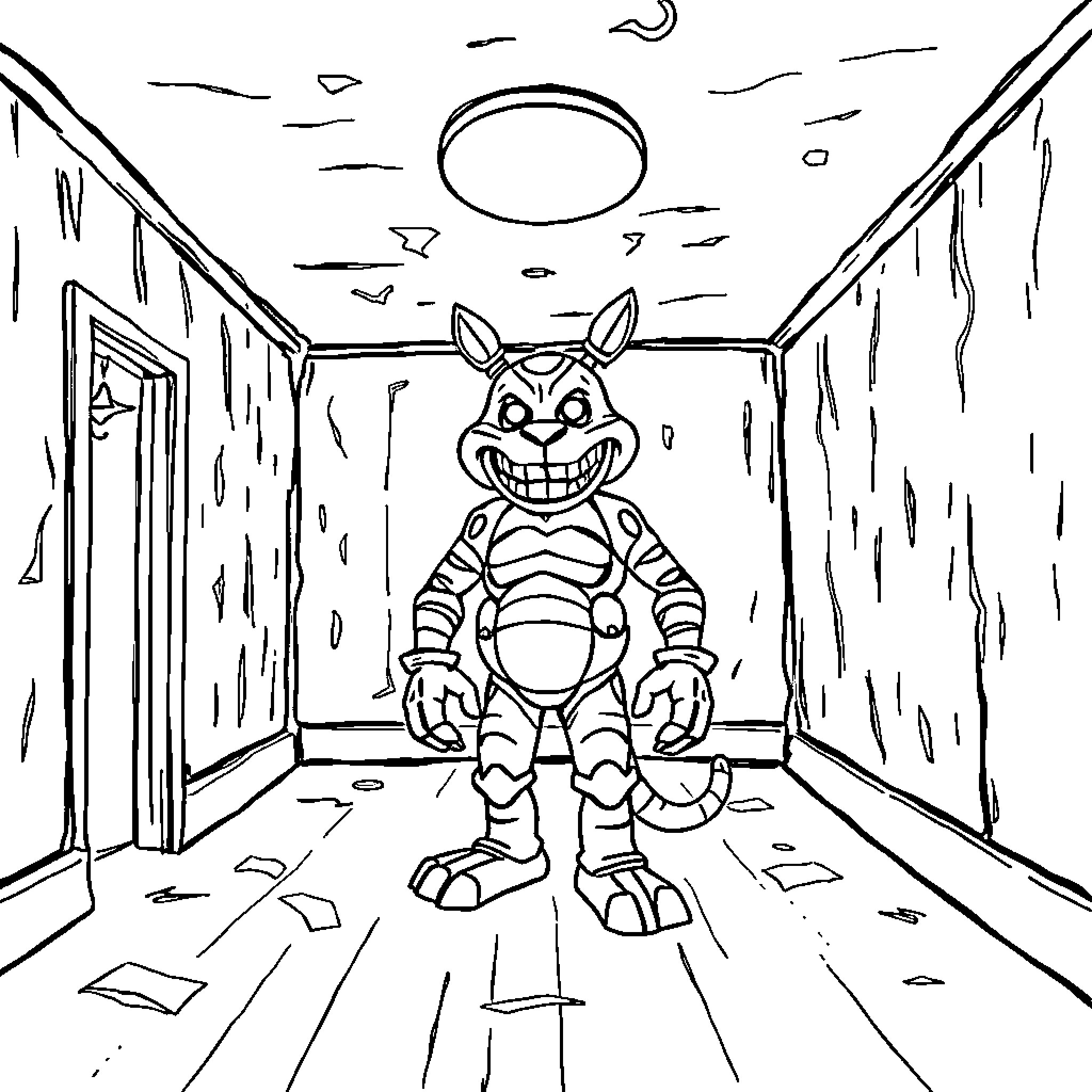 Springtrap roaming through a dilapidated hallway Coloring Page (free black-and-white line drawing printable PDF for all, from beginners to advanced learners, including children, teens, adults, and seniors)