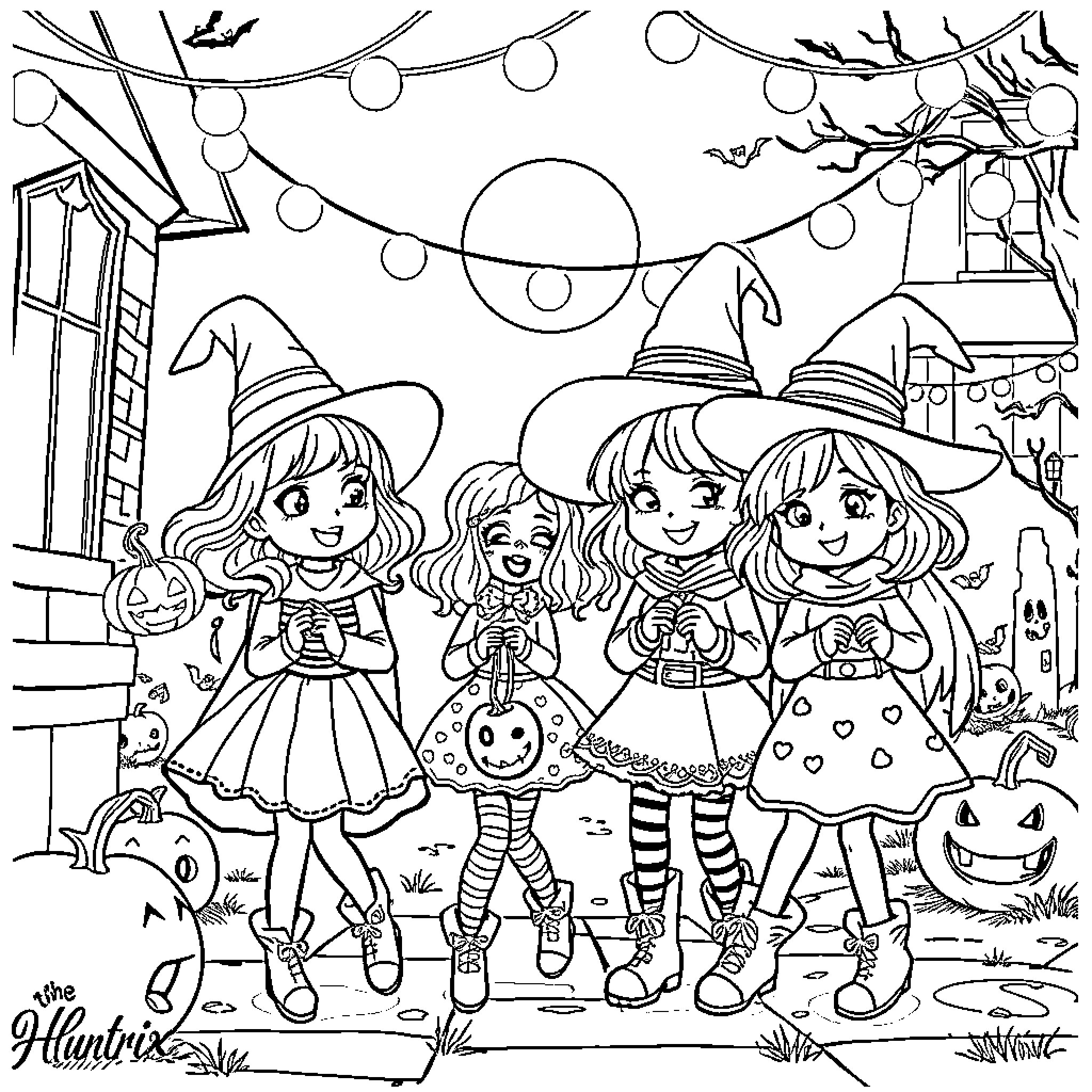 Huntrix Girls Playing Happily in Spooky Outfit Coloring Page (free black-and-white line drawing printable PDF for all, from beginners to advanced learners, including children, teens, adults, and seniors)