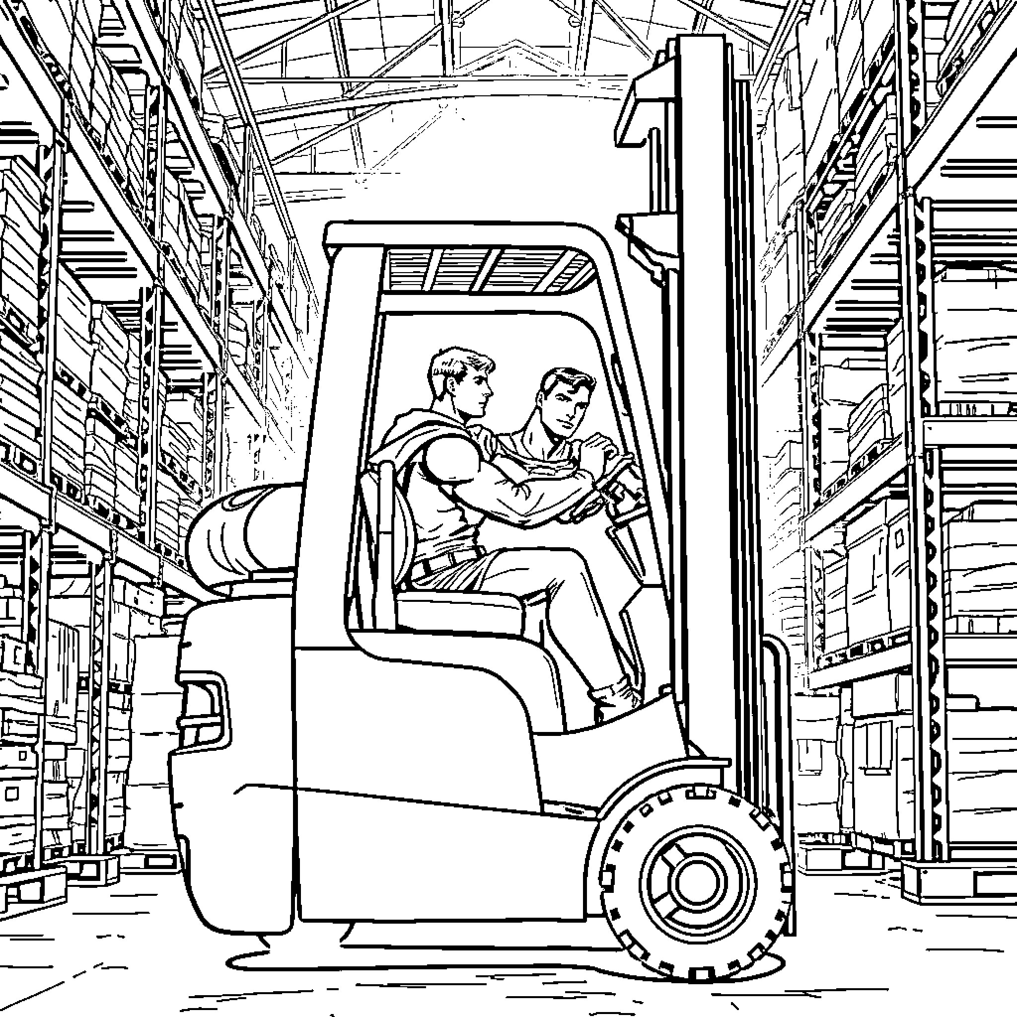 Superman operating a forklift in a warehouse Coloring Page (free black-and-white line drawing printable PDF for all, from beginners to advanced learners, including children, teens, adults, and seniors)