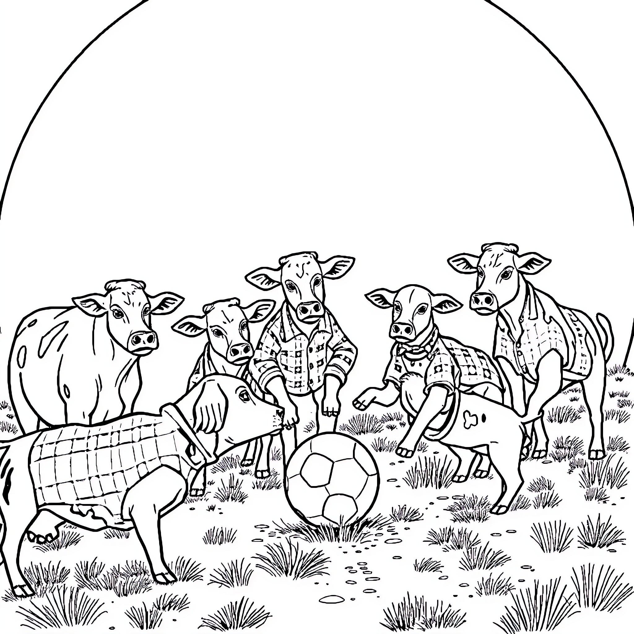 Cow soccer game in the field Coloring Page (free black-and-white line drawing printable PDF for all, from beginners to advanced learners, including children, teens, adults, and seniors)