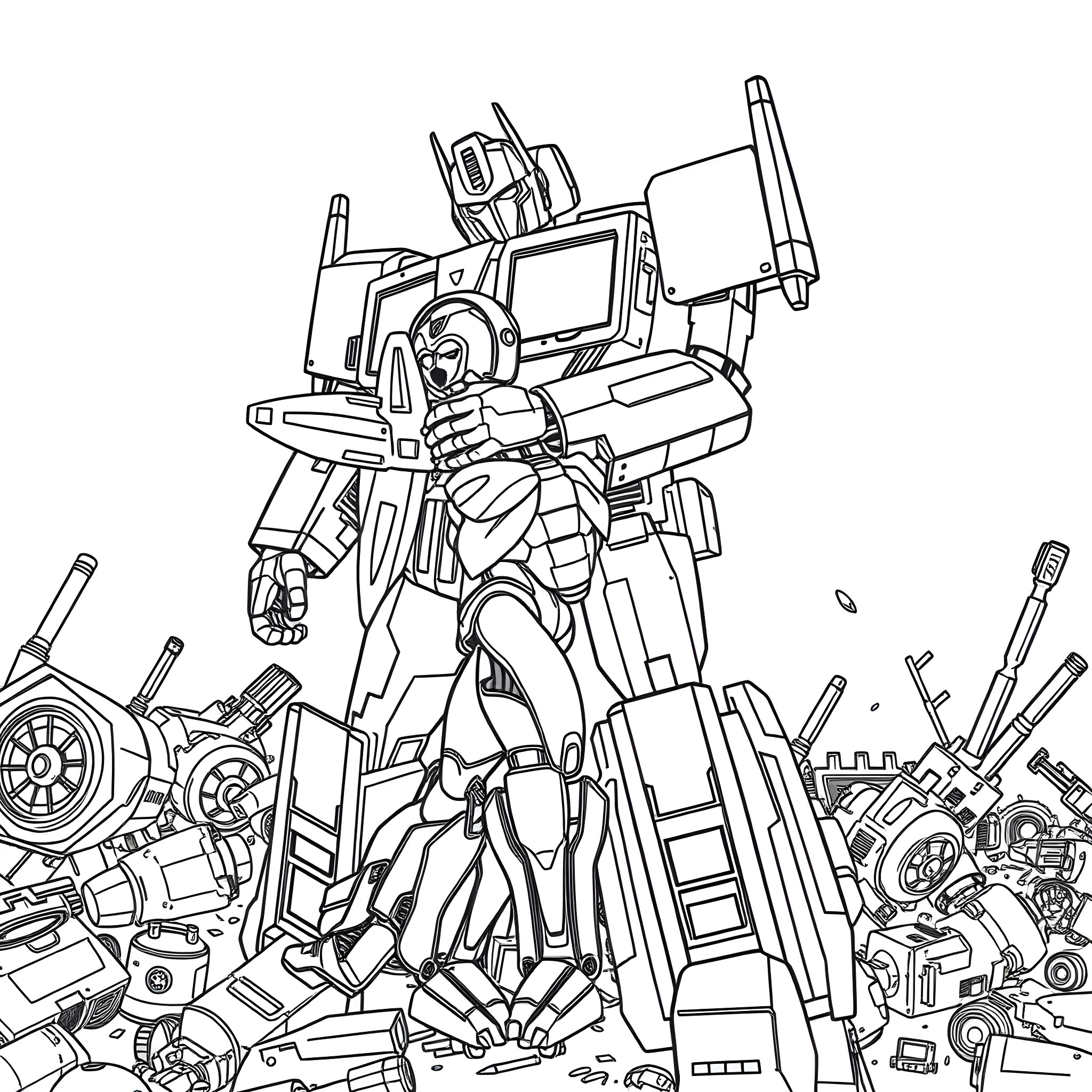 Optimus Prime standing tall amidst mechanical debris Coloring Page (free black-and-white line drawing printable PDF for all, from beginners to advanced learners, including children, teens, adults, and seniors)