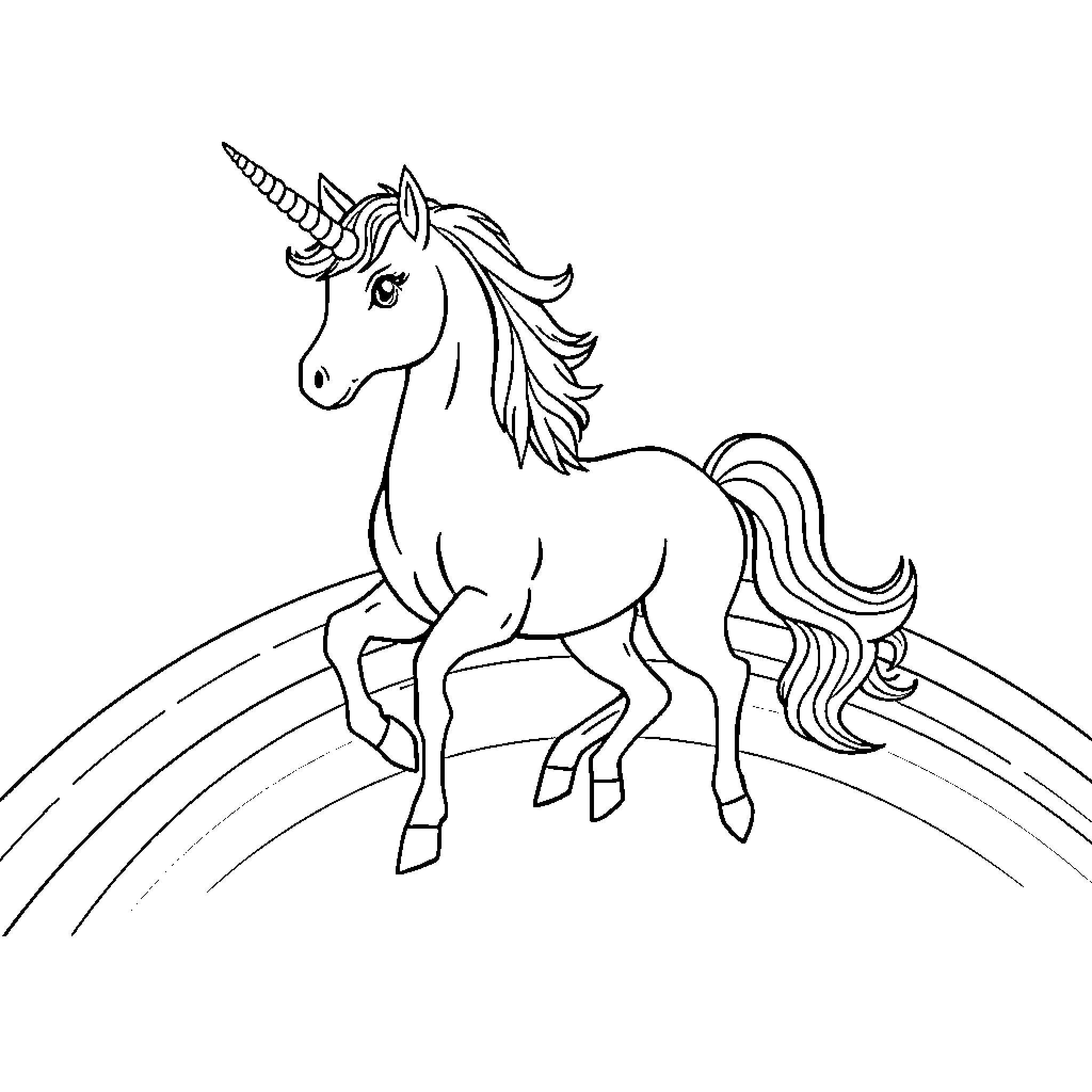 Unicorn galloping through a rainbow Coloring Page (free black-and-white line drawing printable PDF for all, from beginners to advanced learners, including children, teens, adults, and seniors)
