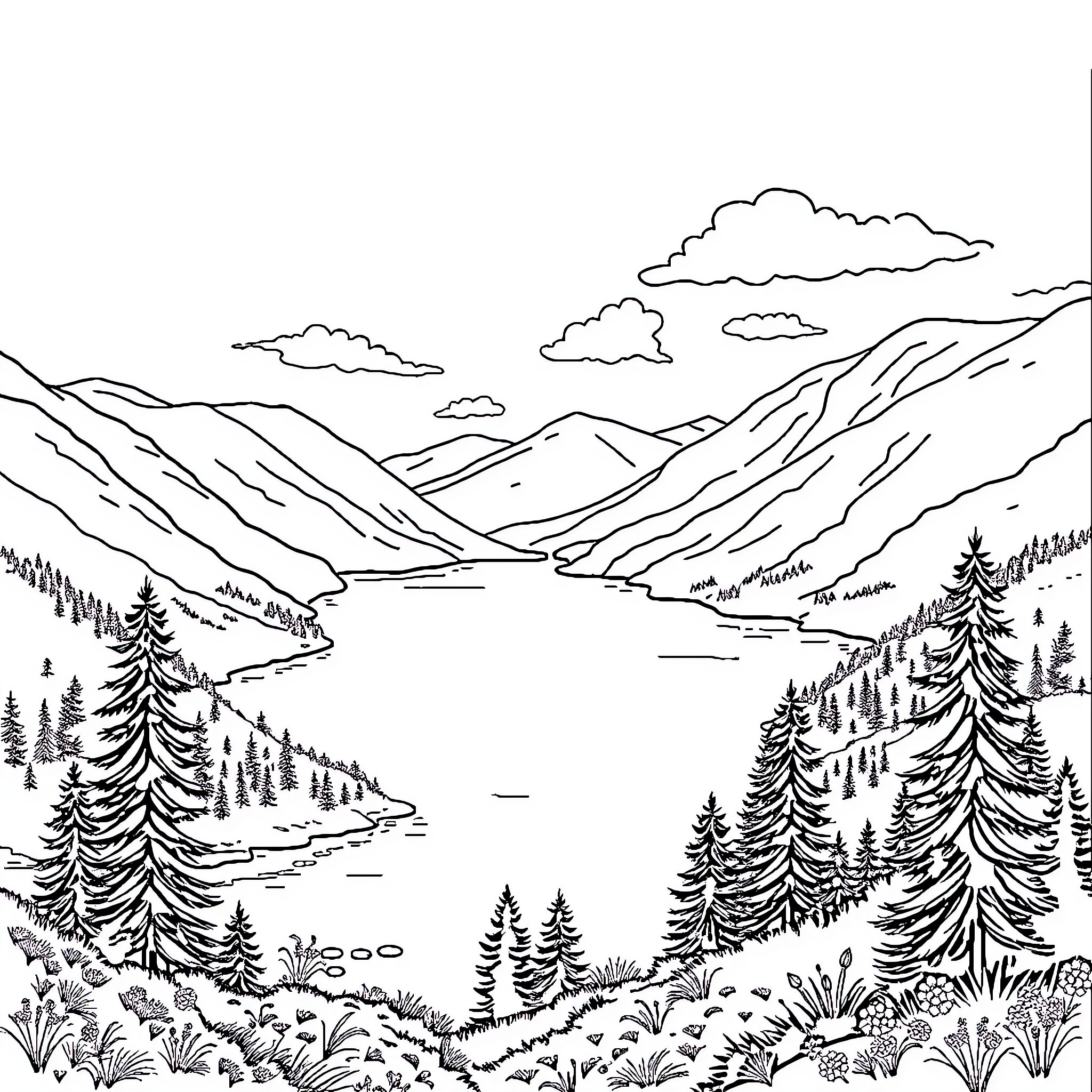 Loch amid majestic mountains and evergreen forests Coloring Page (free black-and-white line drawing printable PDF for all, from beginners to advanced learners, including children, teens, adults, and seniors)