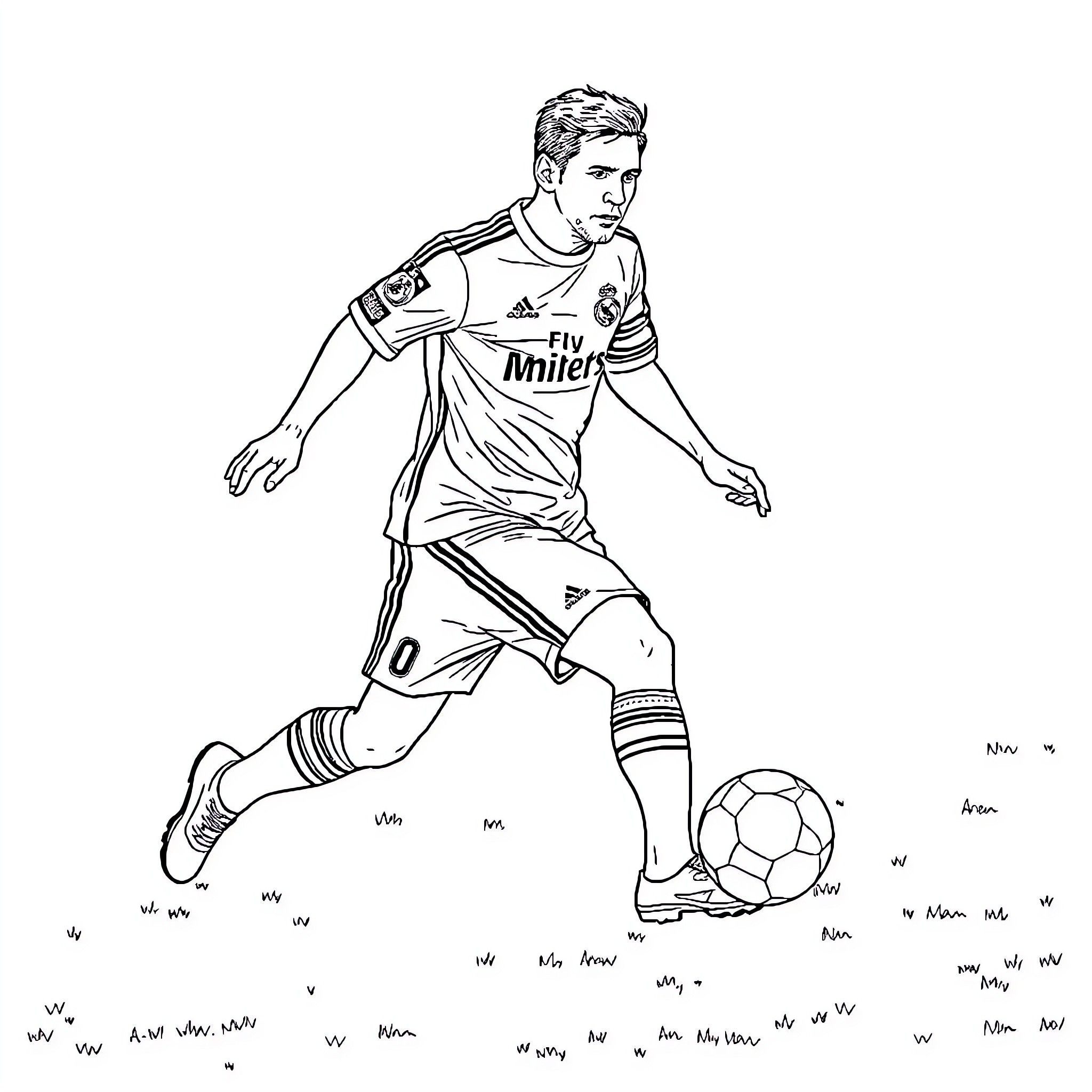 Messi dribbling ball on field in soccer uniform Coloring Page (free black-and-white line drawing printable PDF for all, from beginners to advanced learners, including children, teens, adults, and seniors)