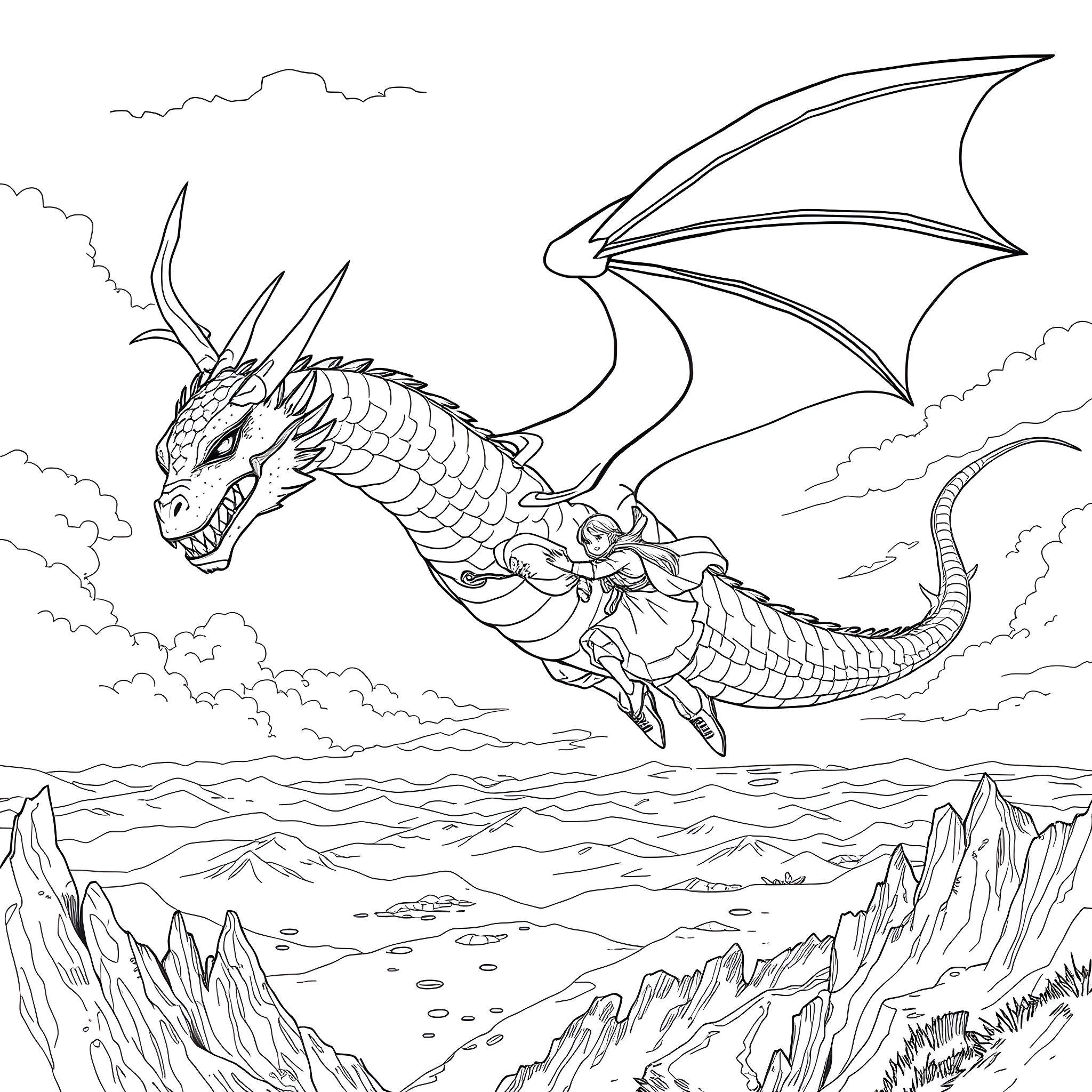 Dragon soaring over a mountainous landscape Coloring Page (free black-and-white line drawing printable PDF for all, from beginners to advanced learners, including children, teens, adults, and seniors)