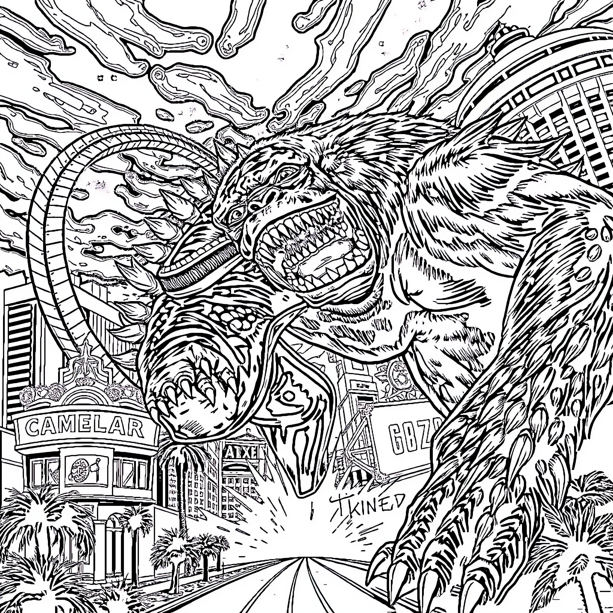 Godzilla's Destructive Rampage Through the City Coloring Page (free black-and-white line drawing printable PDF for all, from beginners to advanced learners, including children, teens, adults, and seniors)
