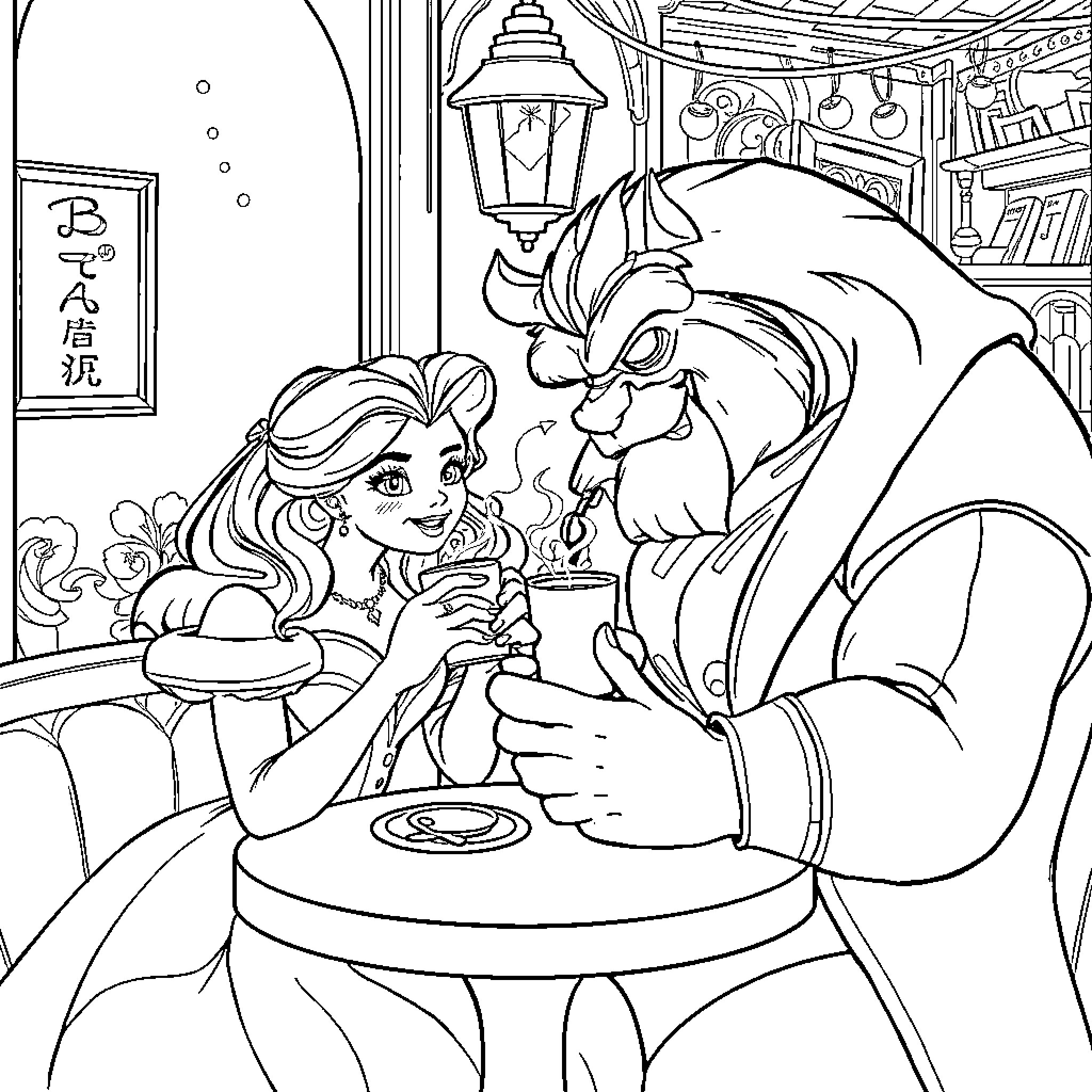 Beauty And The Beast Enjoying Intimate Moment In Library Coloring Page (free black-and-white line drawing printable PDF for all, from beginners to advanced learners, including children, teens, adults, and seniors)