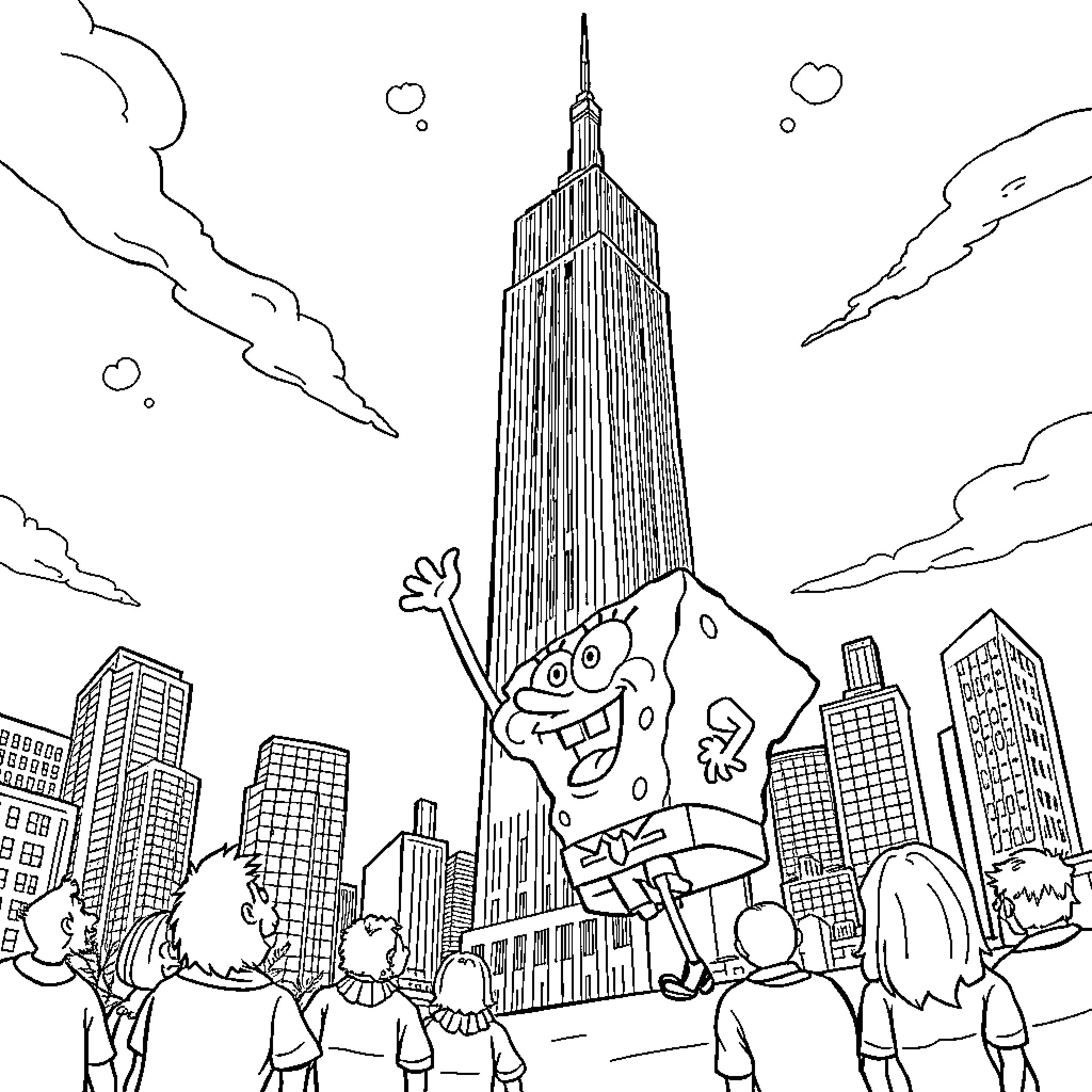 Spongebob explores the big city with friends Coloring Page (free black-and-white line drawing printable PDF for all, from beginners to advanced learners, including children, teens, adults, and seniors)