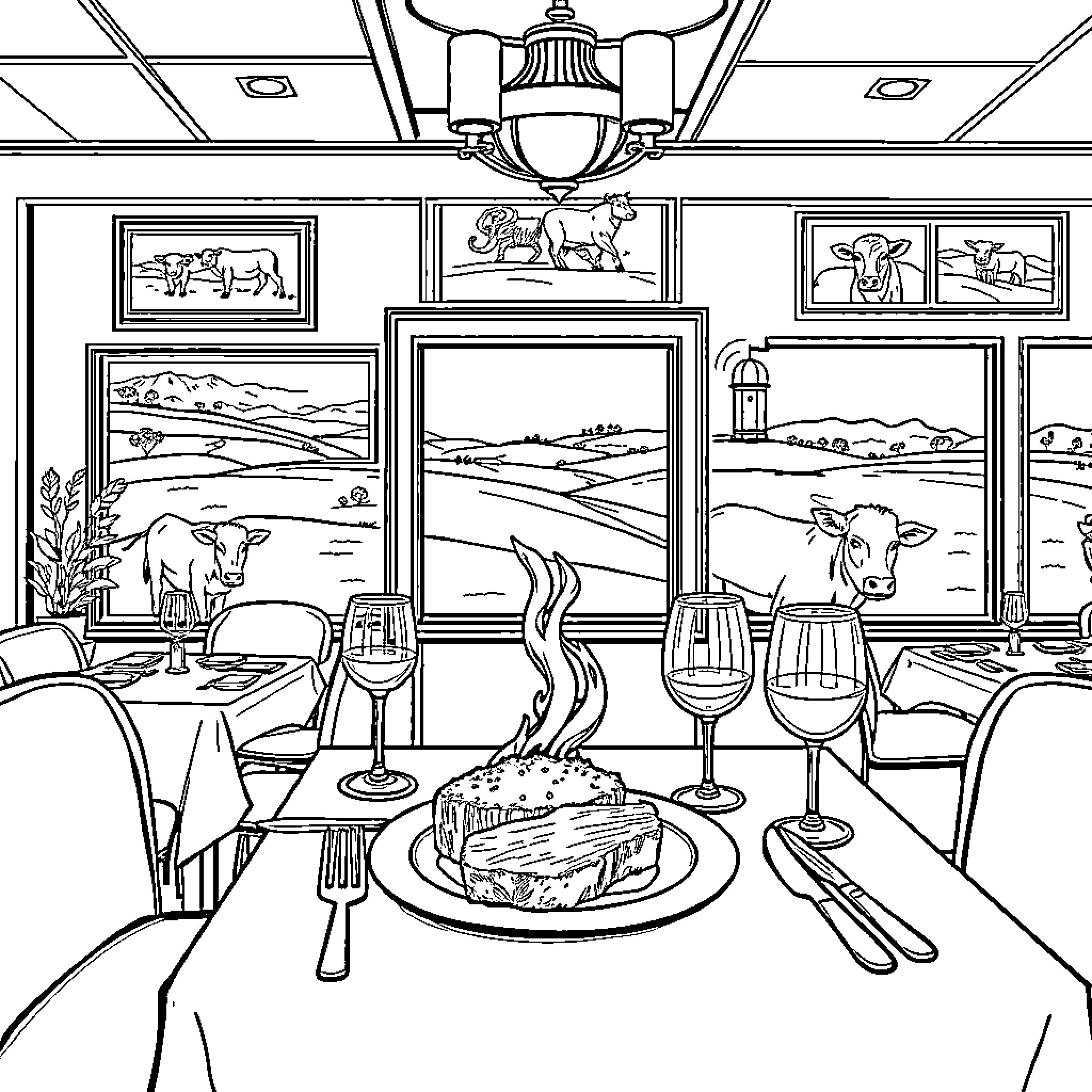 Restaurant with Pastoral Scenes and Cozy Setting Coloring Page (free black-and-white line drawing printable PDF for all, from beginners to advanced learners, including children, teens, adults, and seniors)