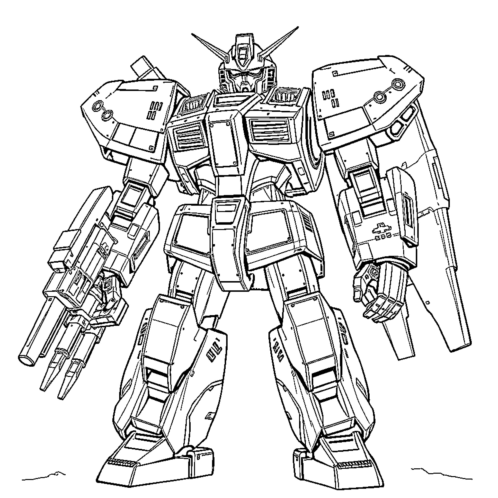 Mecha Warrior in Heroic Stance Coloring Page (free black-and-white line drawing printable PDF for all, from beginners to advanced learners, including children, teens, adults, and seniors)