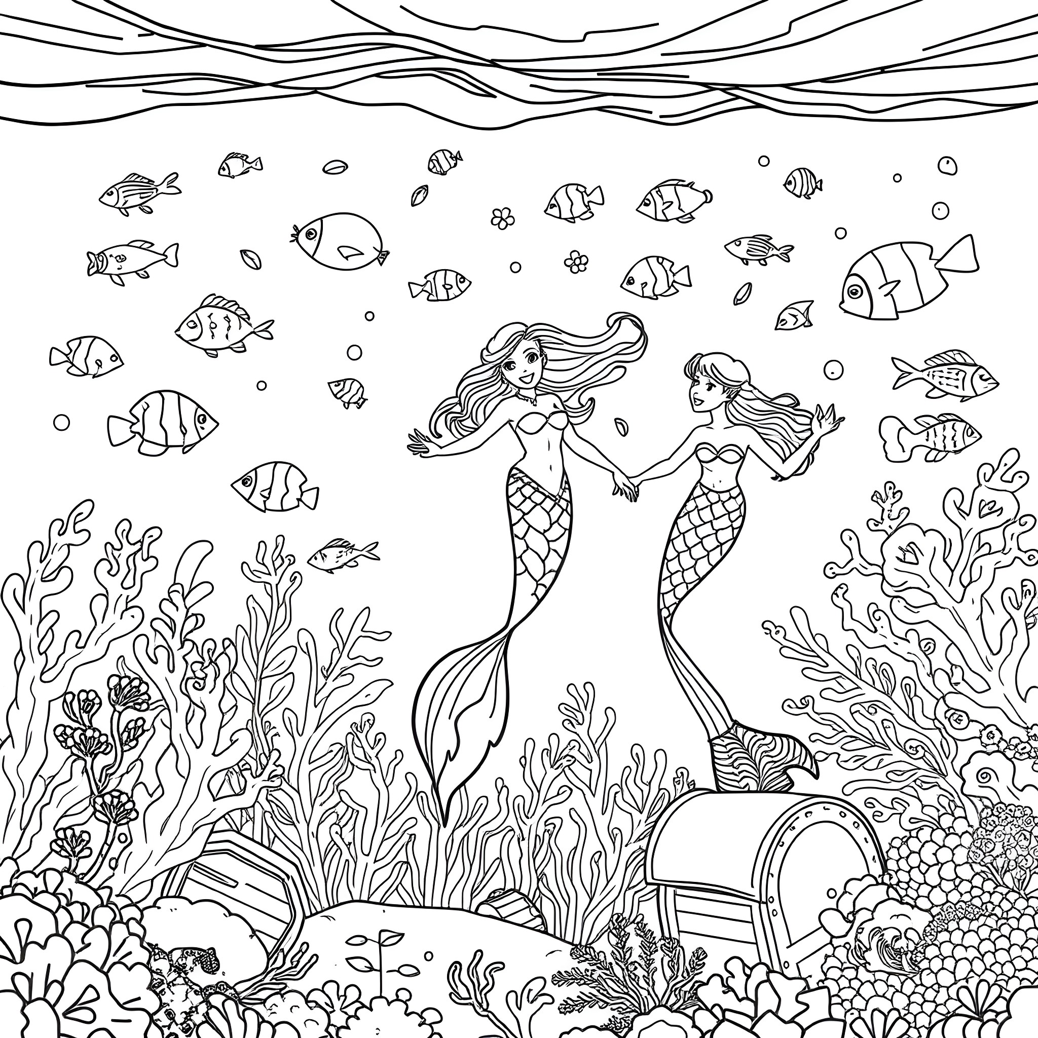 Mermaid friends swimming in the enchanting underwater world Coloring Page (free black-and-white line drawing printable PDF for all, from beginners to advanced learners, including children, teens, adults, and seniors)