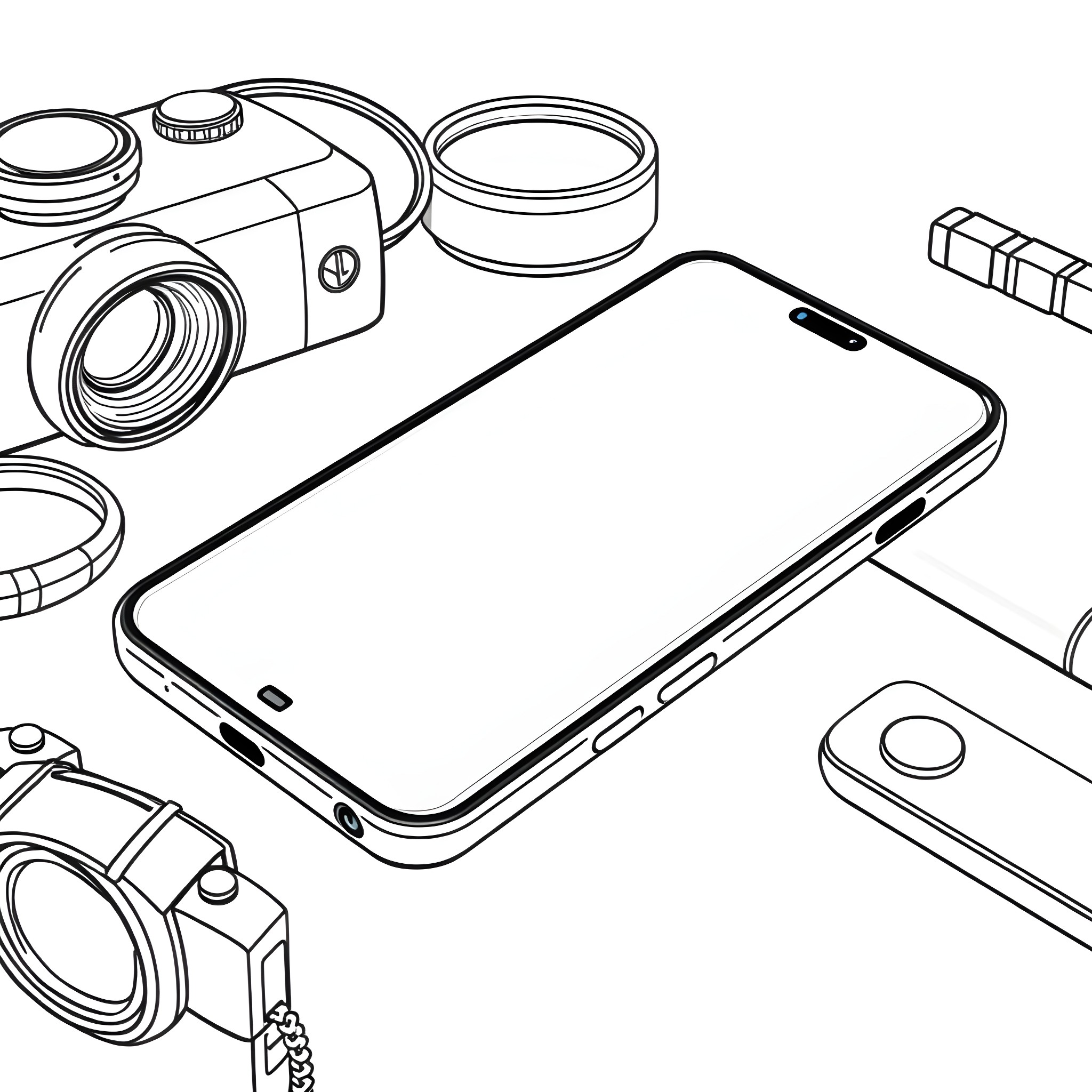 iPhone with Cameras and Accessories Coloring Page (free black-and-white line drawing printable PDF for all, from beginners to advanced learners, including children, teens, adults, and seniors)