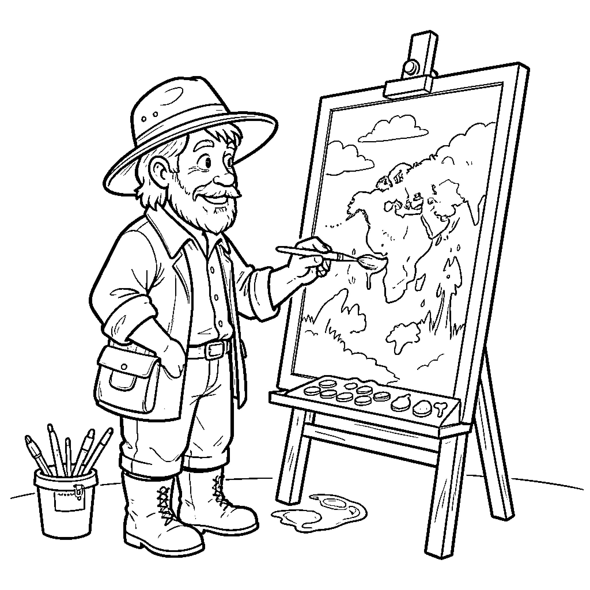 Tadd painting a world map on an easel Coloring Page (free black-and-white line drawing printable PDF for all, from beginners to advanced learners, including children, teens, adults, and seniors)
