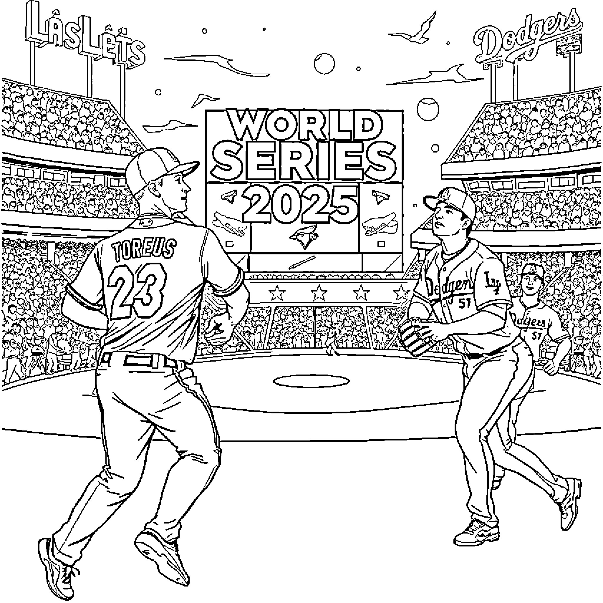 Baseball Players Competing in World Series 2025 Coloring Page (free black-and-white line drawing printable PDF for all, from beginners to advanced learners, including children, teens, adults, and seniors)