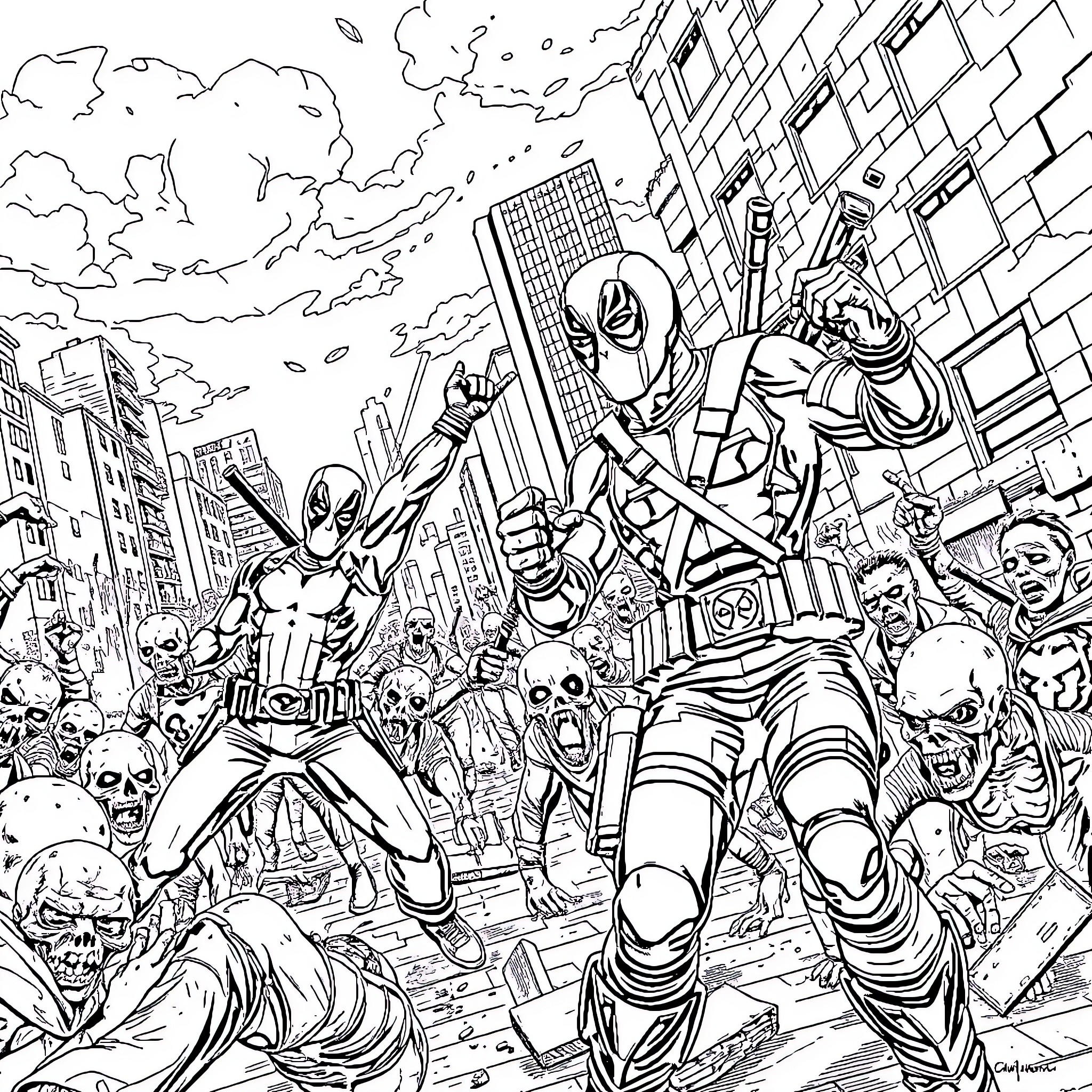 Punisher heroes battling villains in the city Coloring Page (free black-and-white line drawing printable PDF for all, from beginners to advanced learners, including children, teens, adults, and seniors)