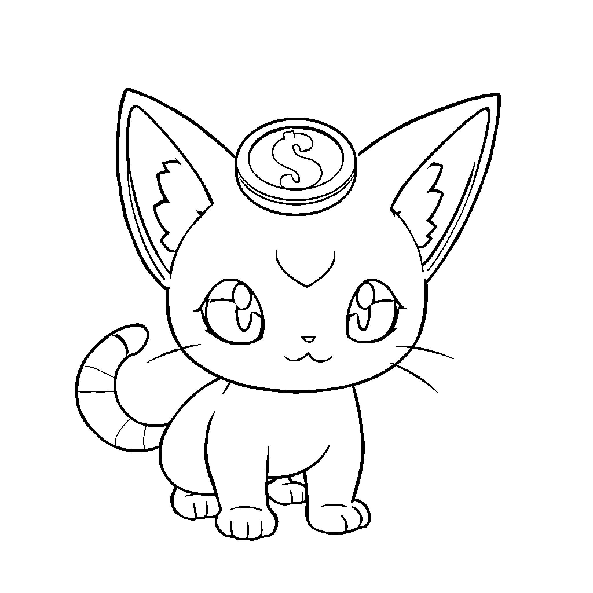 Meowth with dollar coin on head Coloring Page (free black-and-white line drawing printable PDF for all, from beginners to advanced learners, including children, teens, adults, and seniors)