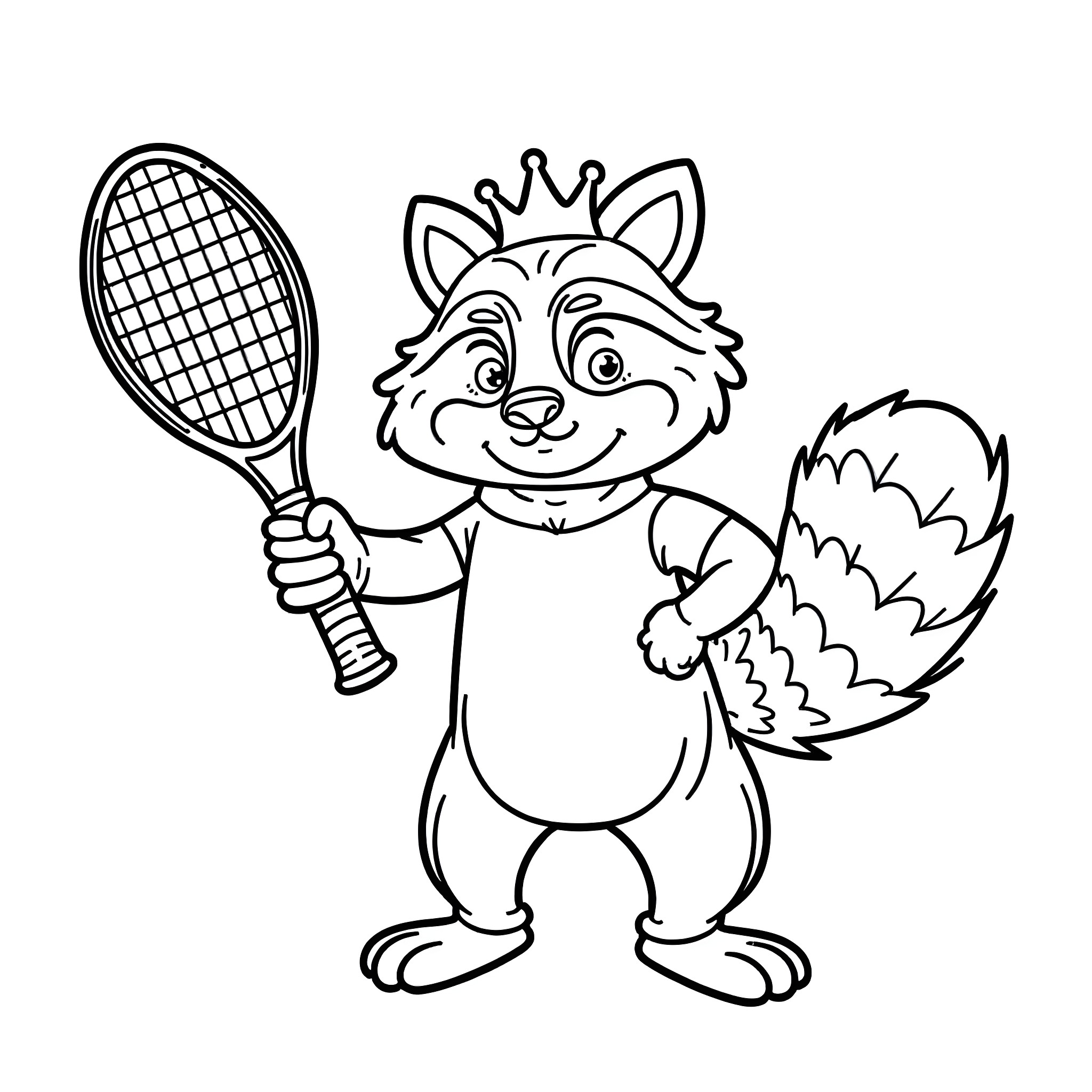 Raccoon playing tennis with a crown Coloring Page (free black-and-white line drawing printable PDF for all, from beginners to advanced learners, including children, teens, adults, and seniors)