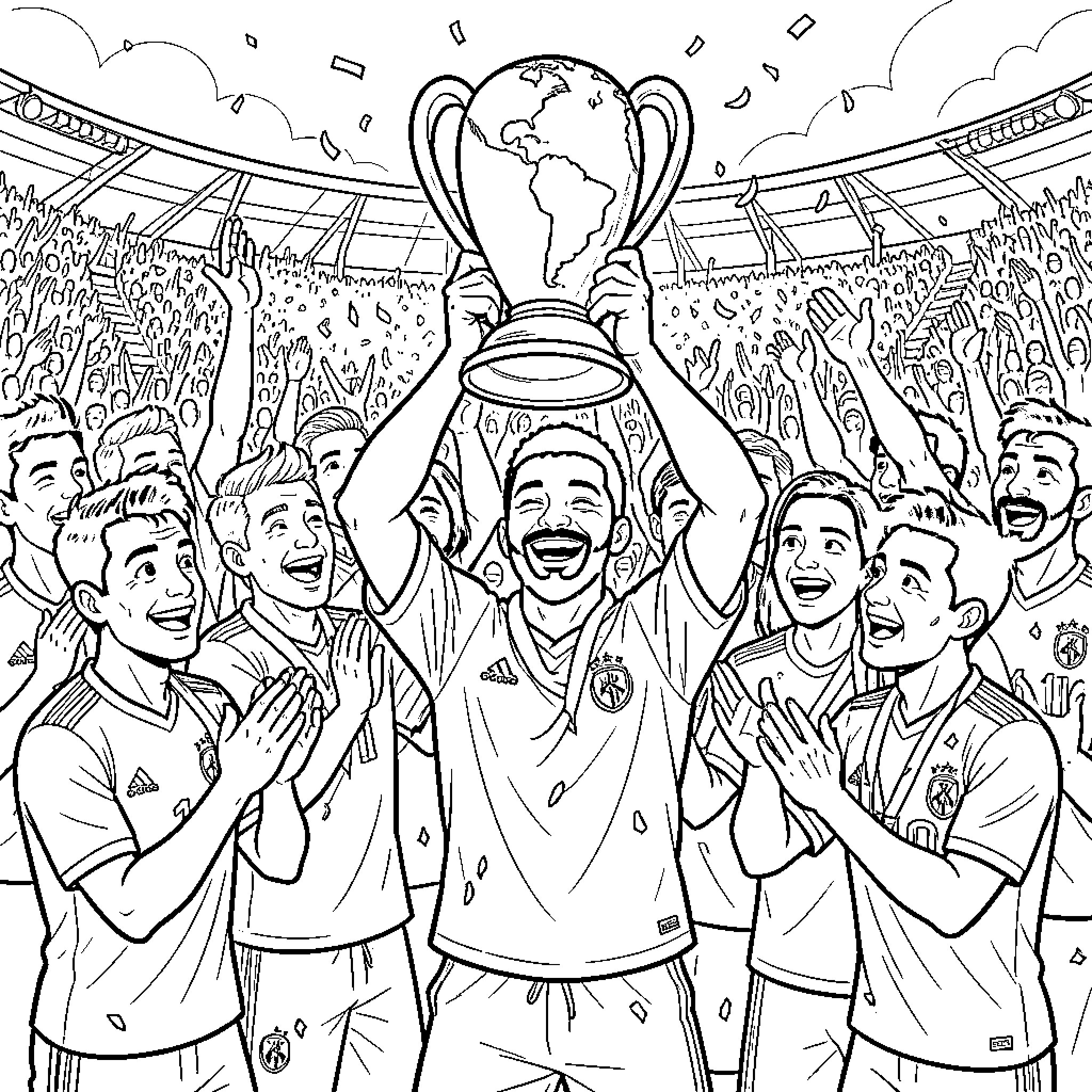 Jamal celebrating a championship victory with teammates Coloring Page (free black-and-white line drawing printable PDF for all, from beginners to advanced learners, including children, teens, adults, and seniors)