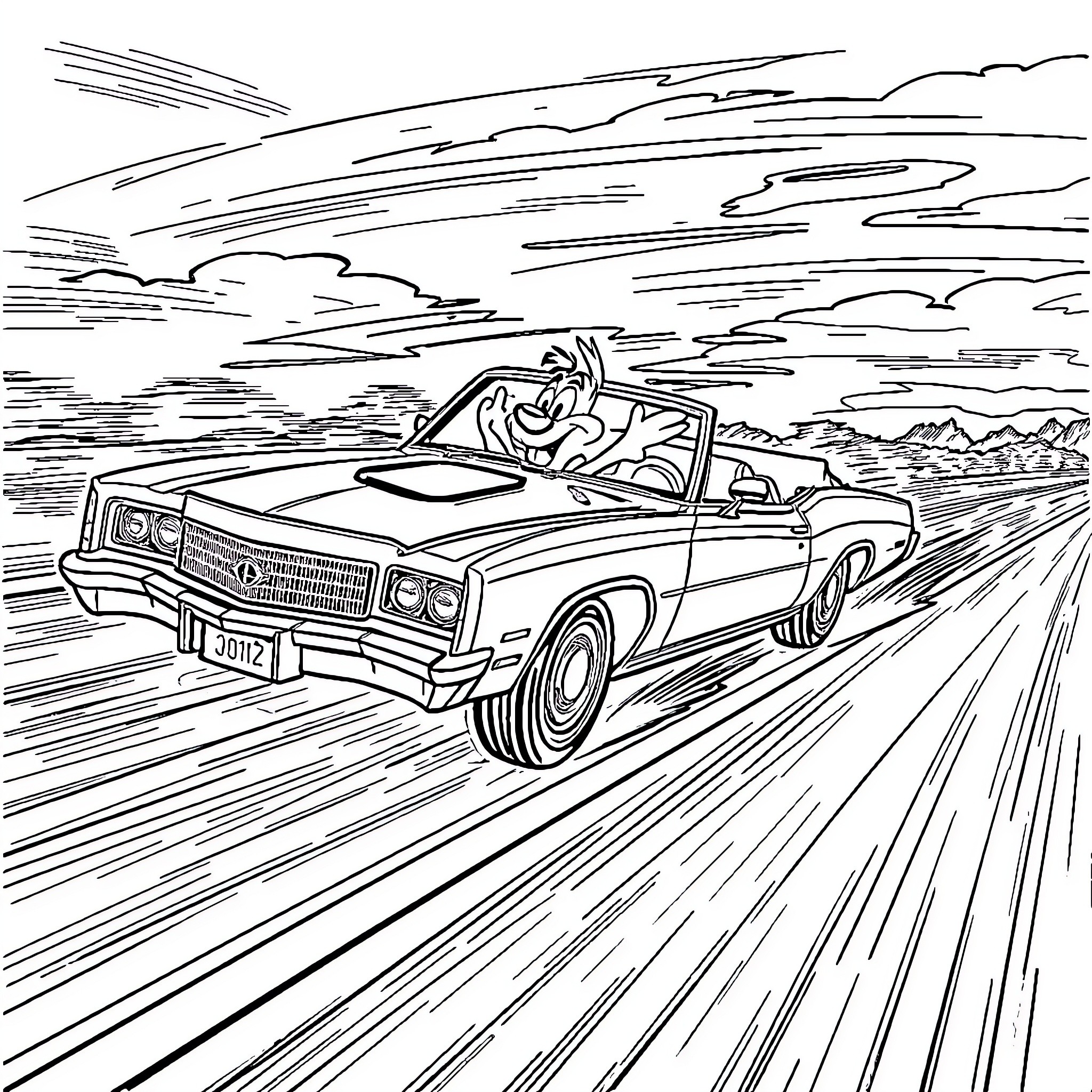 Taz's Speedy Roadtrip Through the Countryside Coloring Page (free black-and-white line drawing printable PDF for all, from beginners to advanced learners, including children, teens, adults, and seniors)