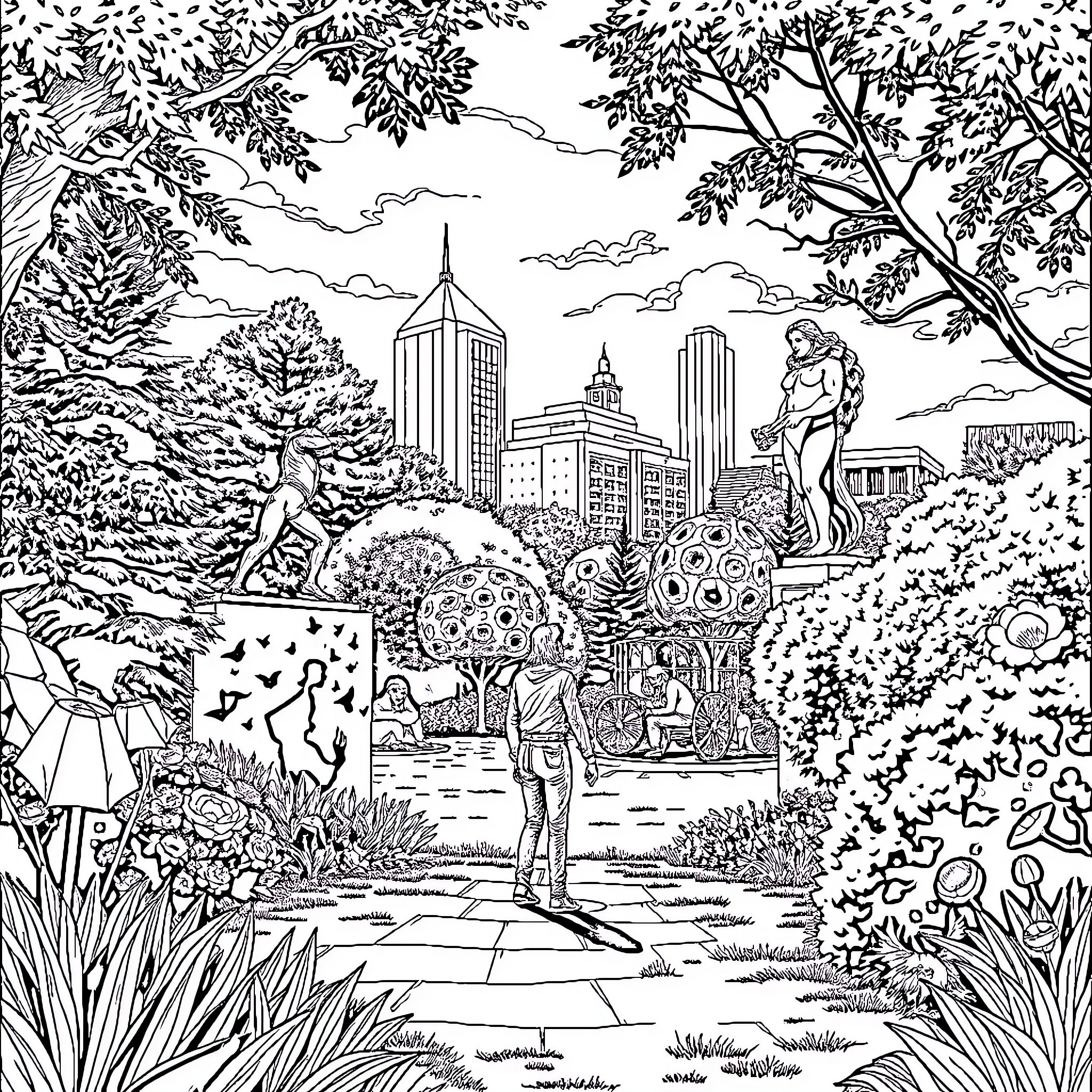 Person exploring fantastical urban landscape with surreal elements Coloring Page (free black-and-white line drawing printable PDF for all, from beginners to advanced learners, including children, teens, adults, and seniors)