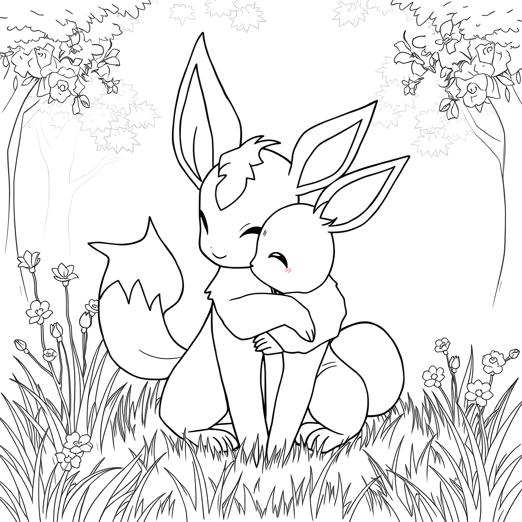 Espeon in a Floral Garden Coloring Page (free black-and-white line drawing printable PDF for all, from beginners to advanced learners, including children, teens, adults, and seniors)
