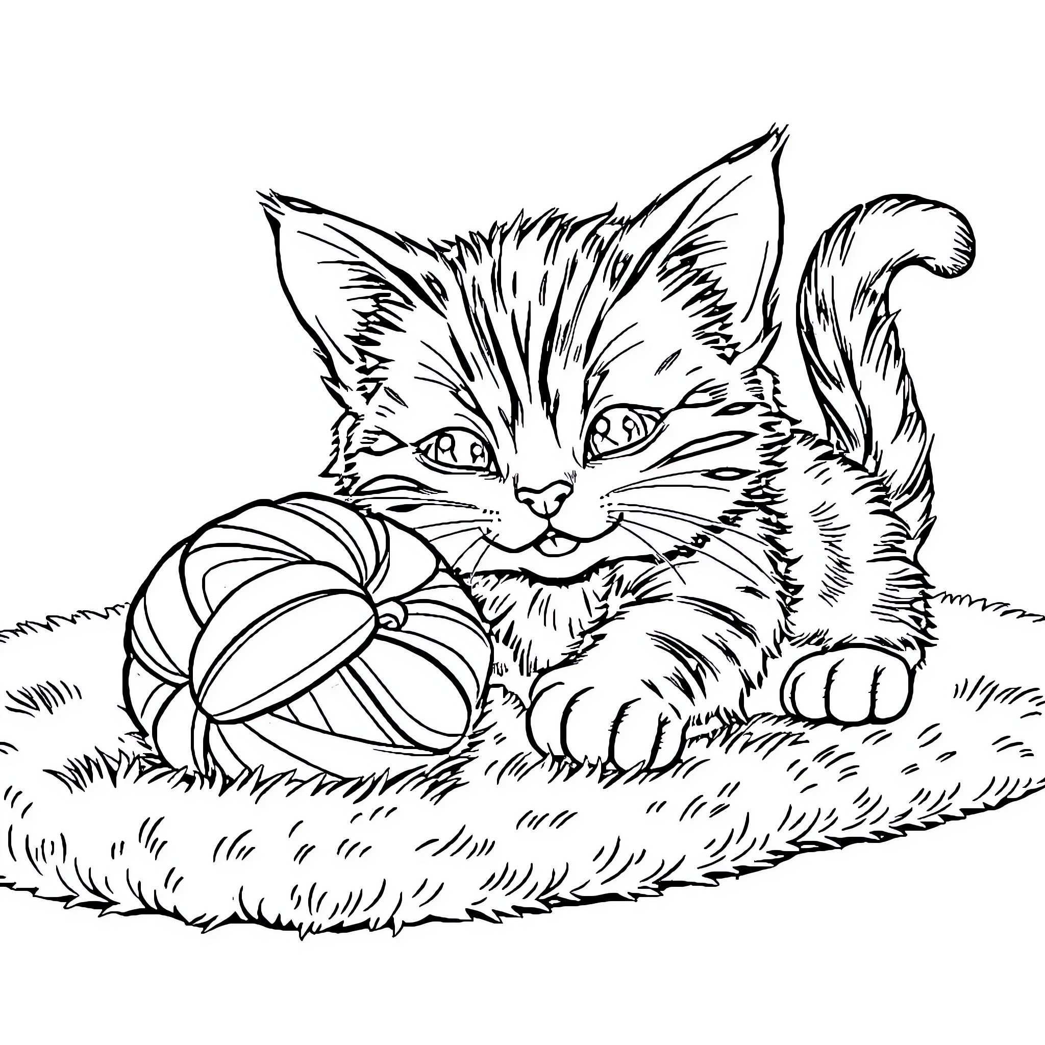 Cat Playing Happily with Yarn Ball in Grass Coloring Page (free black-and-white line drawing printable PDF for all, from beginners to advanced learners, including children, teens, adults, and seniors)