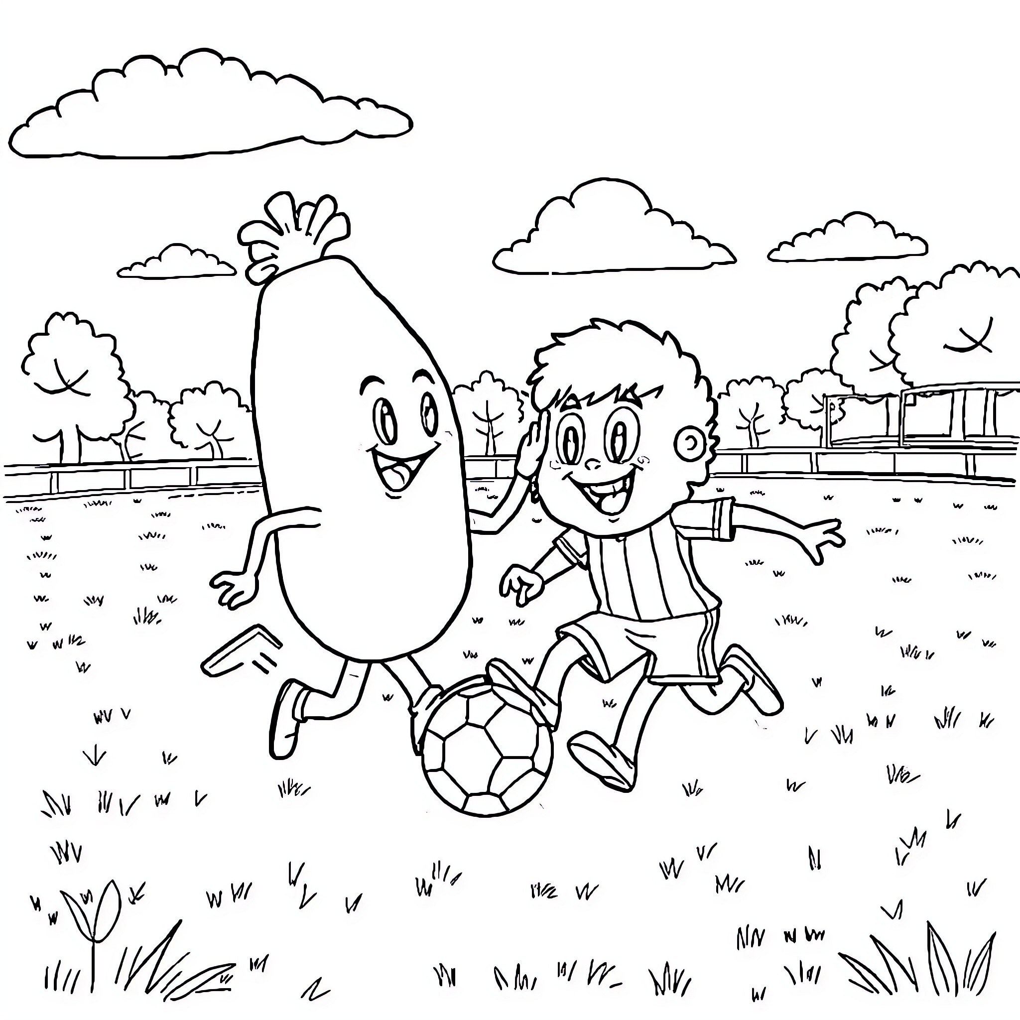 Carapuce and kid playing with soccer ball in park Coloring Page (free black-and-white line drawing printable PDF for all, from beginners to advanced learners, including children, teens, adults, and seniors)