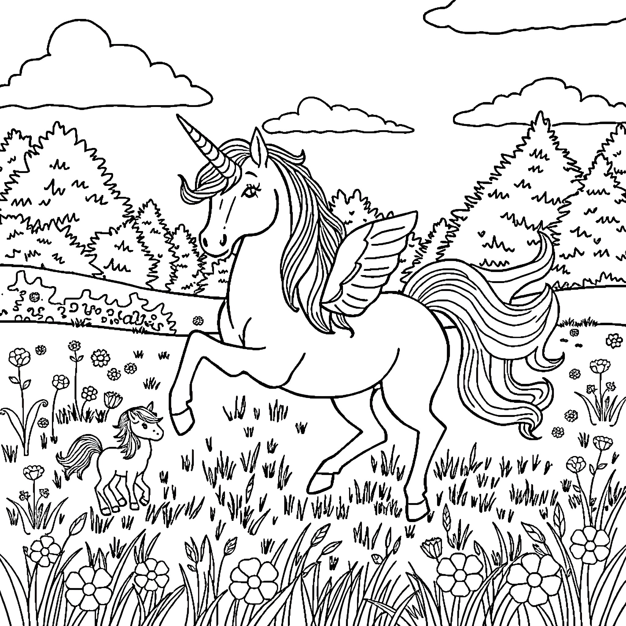 Unicorn galloping through a enchanted meadow Coloring Page (free black-and-white line drawing printable PDF for all, from beginners to advanced learners, including children, teens, adults, and seniors)
