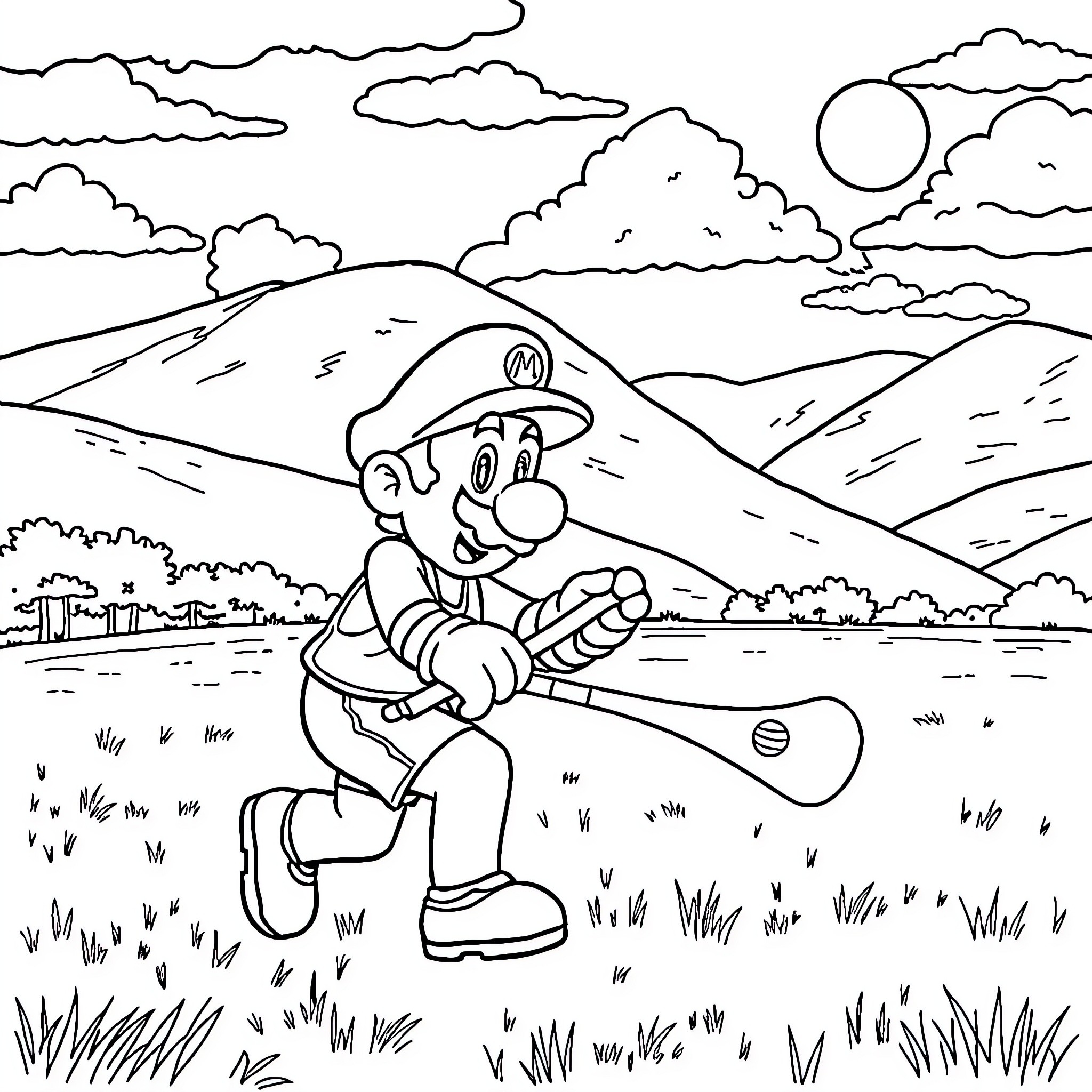 Mario exploring the scenic mountain landscape Coloring Page (free black-and-white line drawing printable PDF for all, from beginners to advanced learners, including children, teens, adults, and seniors)