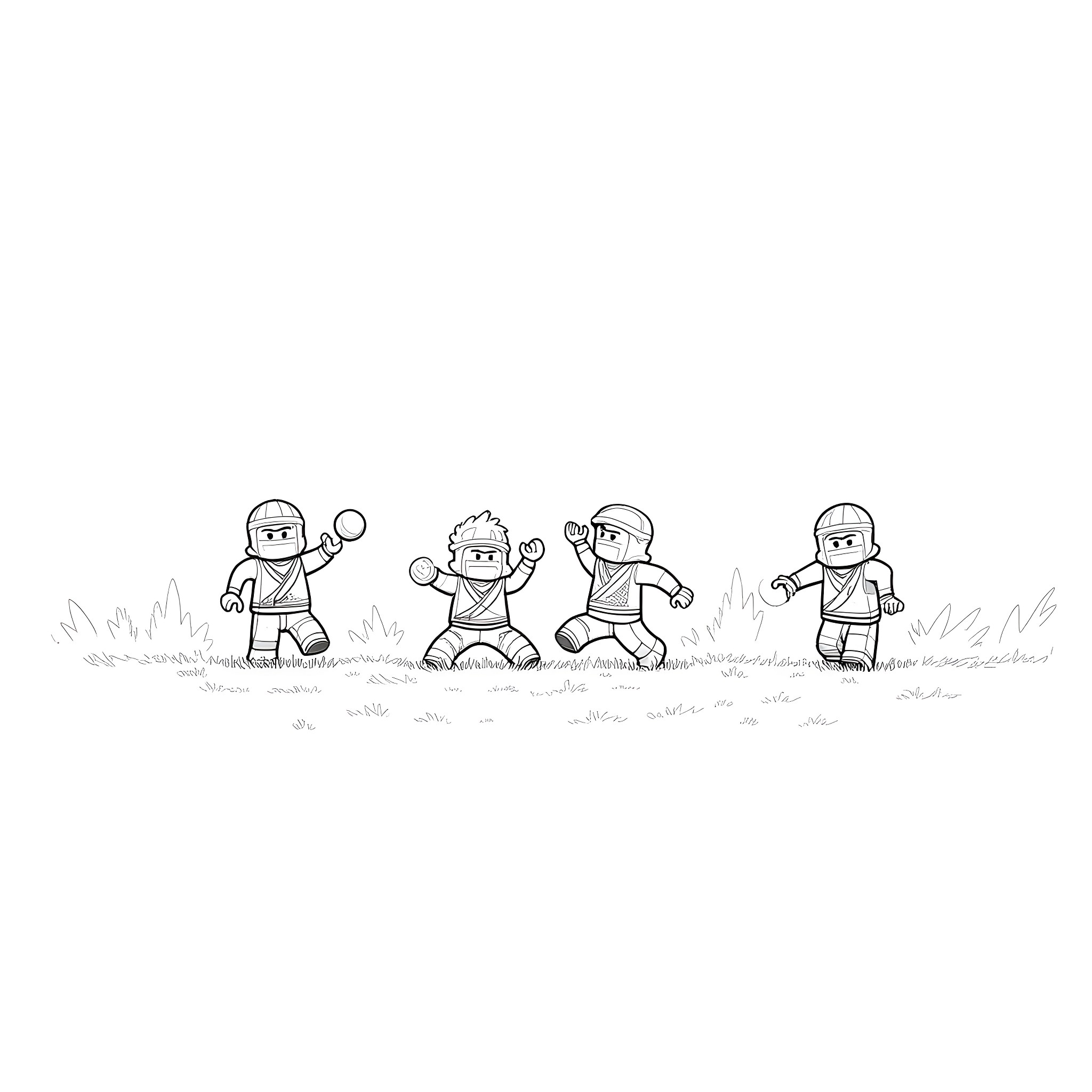 Ninjago characters in combat poses on a grassy field Coloring Page (free black-and-white line drawing printable PDF for all, from beginners to advanced learners, including children, teens, adults, and seniors)