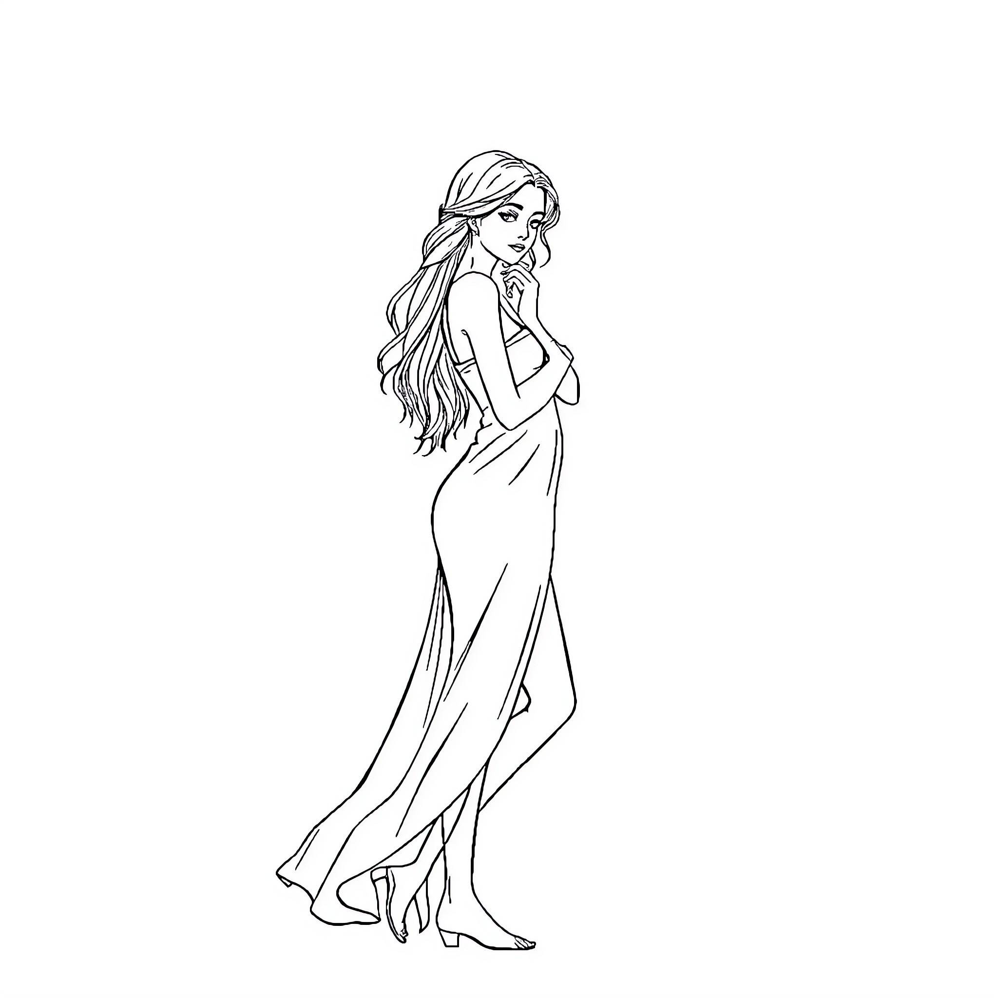Girl in elegant flowing dress posing gracefully Coloring Page (free black-and-white line drawing printable PDF for all, from beginners to advanced learners, including children, teens, adults, and seniors)