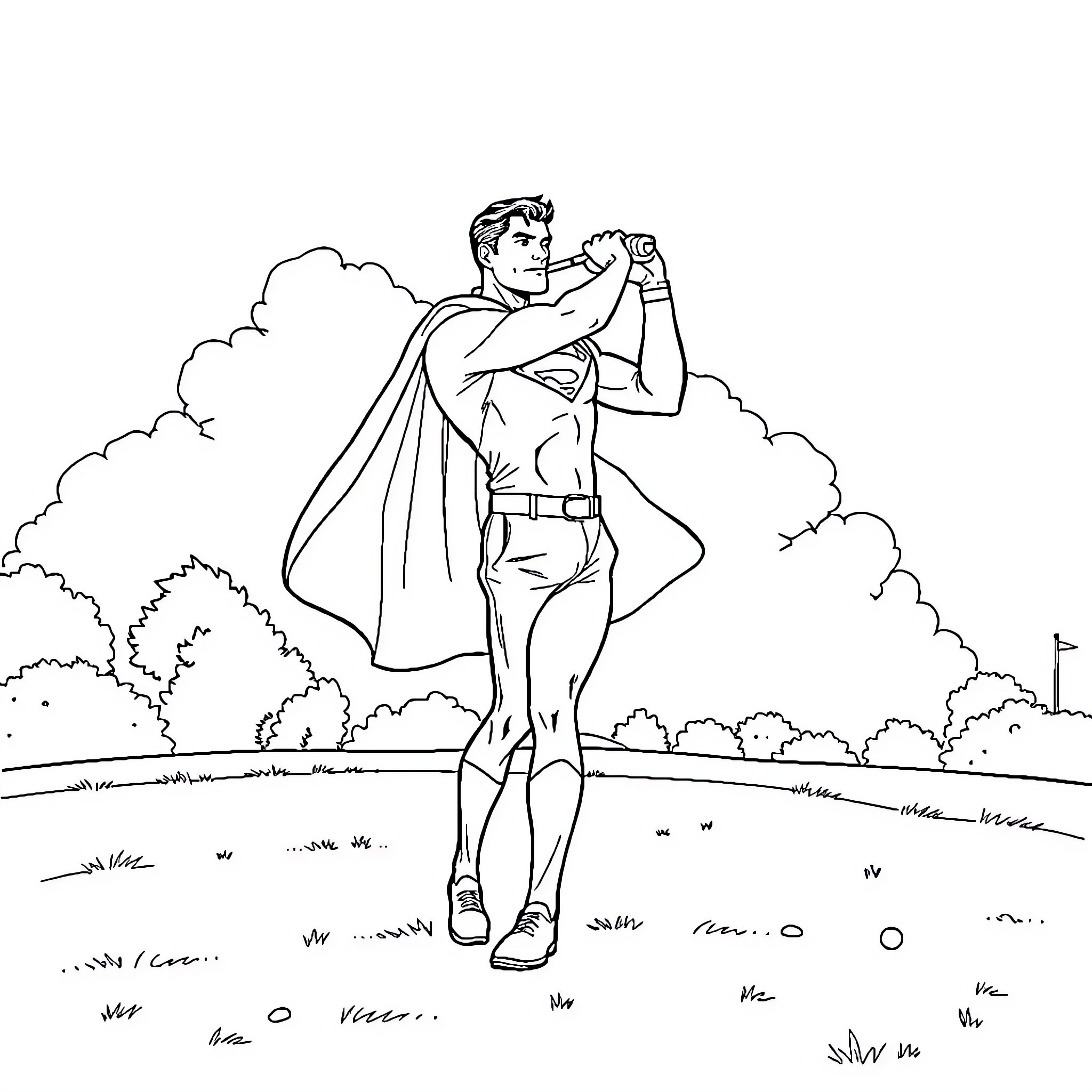 Superman in action stance outdoors Coloring Page (free black-and-white line drawing printable PDF for all, from beginners to advanced learners, including children, teens, adults, and seniors)