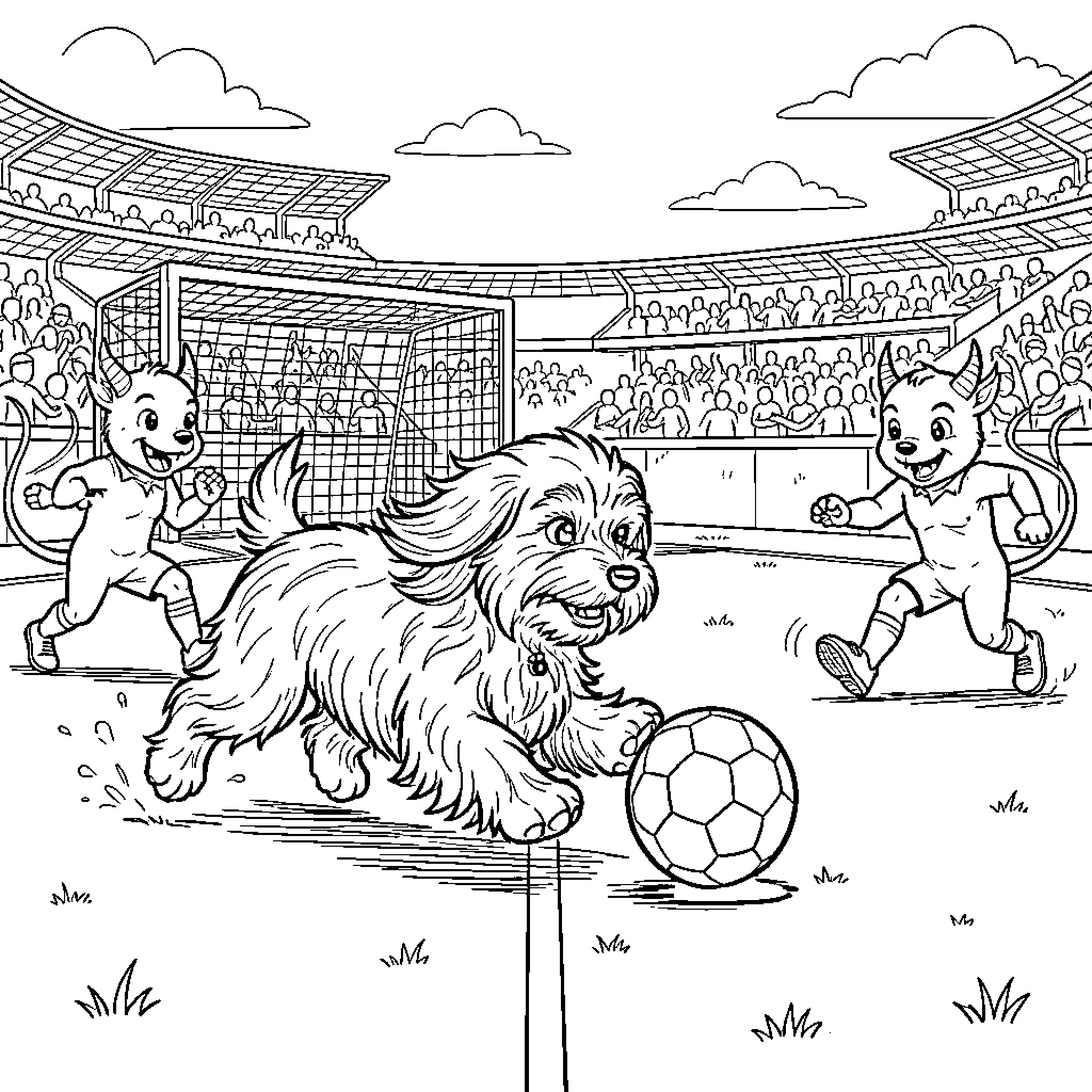 Teckel playing soccer in a crowded stadium Coloring Page (free black-and-white line drawing printable PDF for all, from beginners to advanced learners, including children, teens, adults, and seniors)