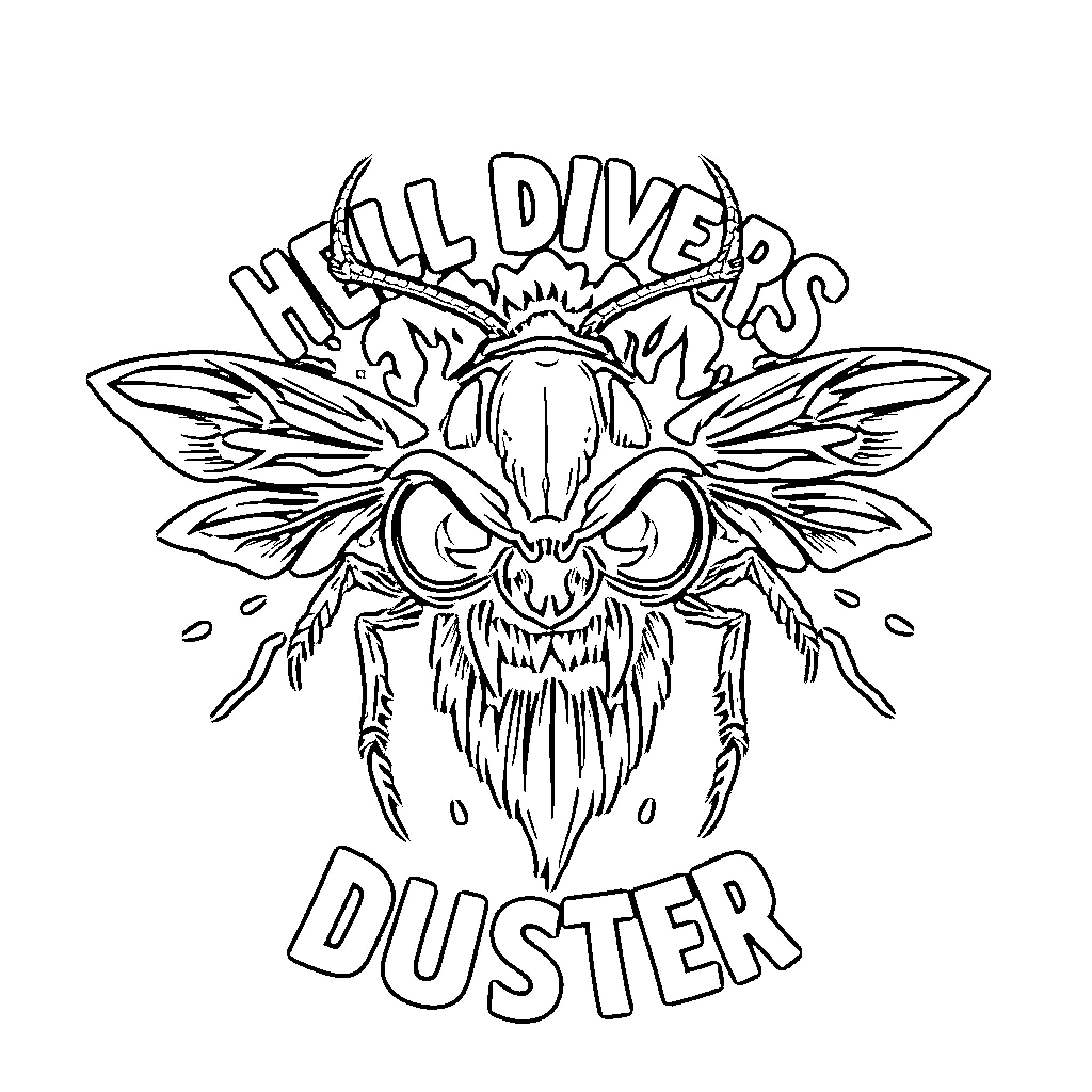 Bug Duster with menacing expression and large wings Coloring Page (free black-and-white line drawing printable PDF for all, from beginners to advanced learners, including children, teens, adults, and seniors)