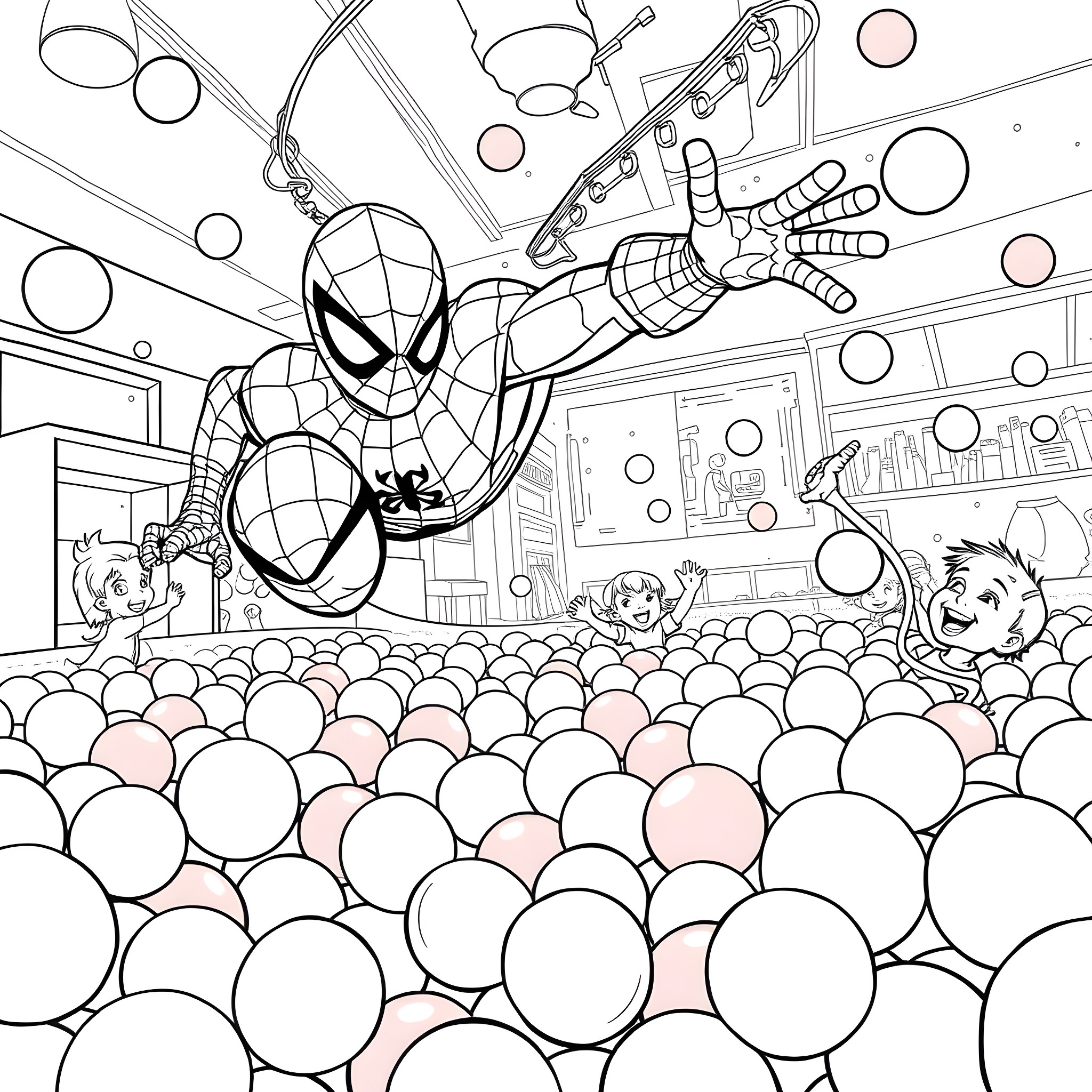 Spiderman swinging above a crowd of children Coloring Page (free black-and-white line drawing printable PDF for all, from beginners to advanced learners, including children, teens, adults, and seniors)